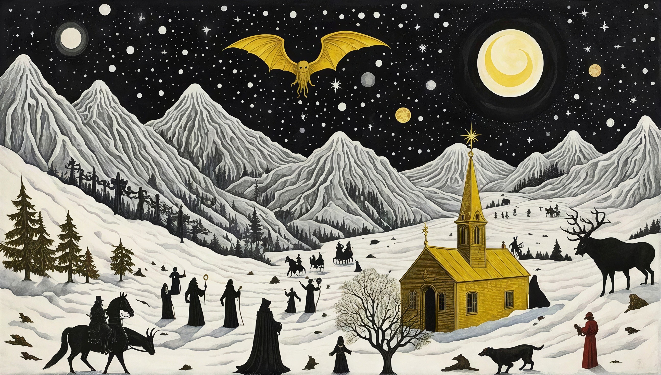 Surreal Winter Mountain Landscape with Celestial Elements