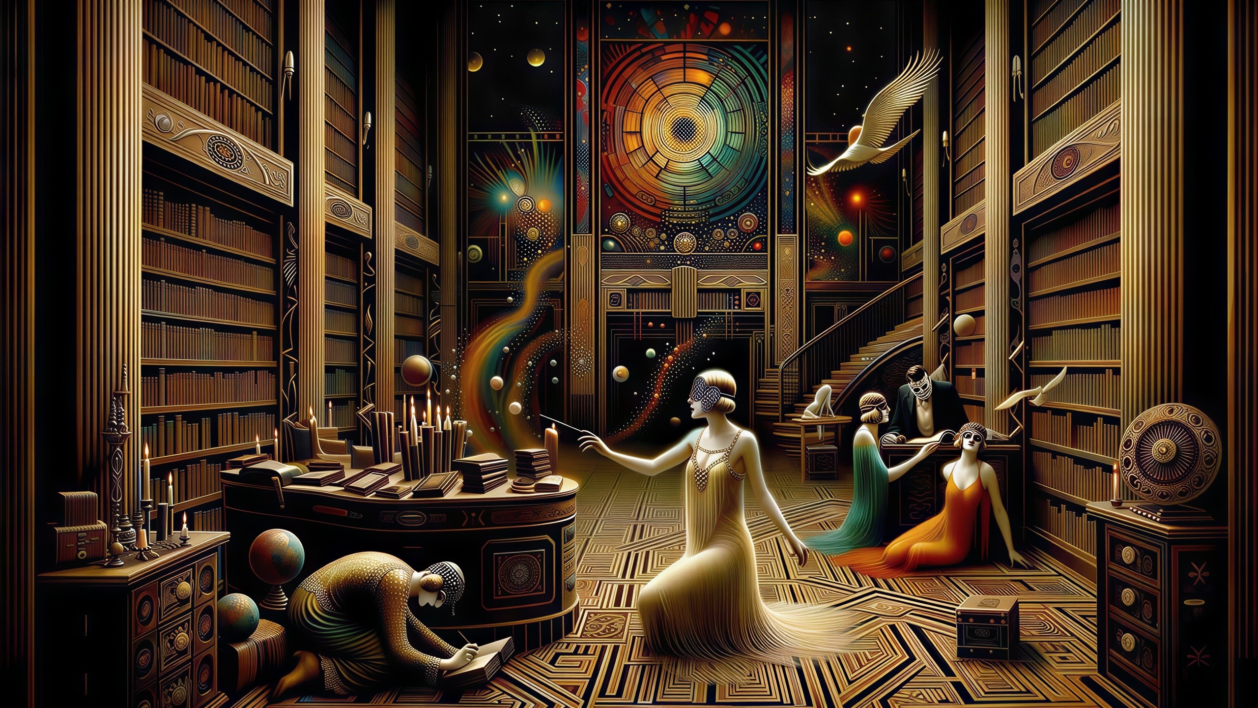 Art Deco Library Scene with Magic and Floating Orbs