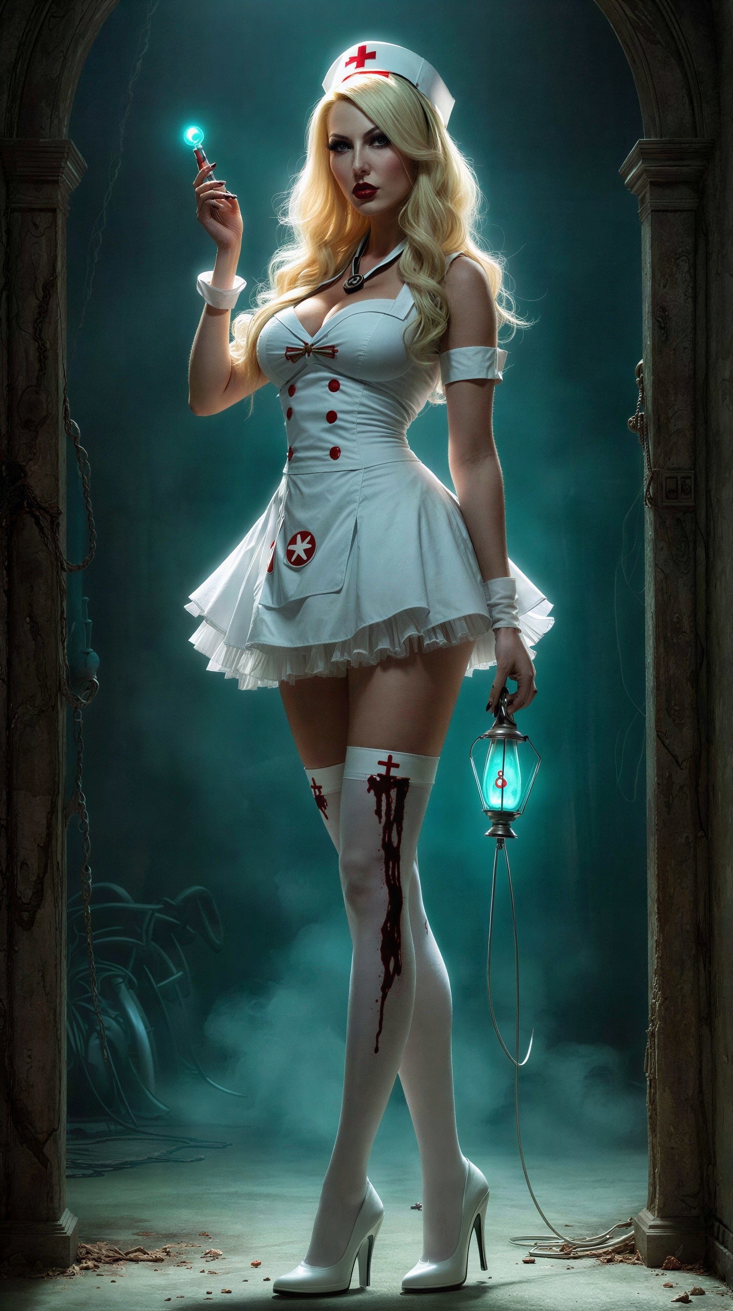 Blonde Zombie Nurse in Dark Ominous Room Setting