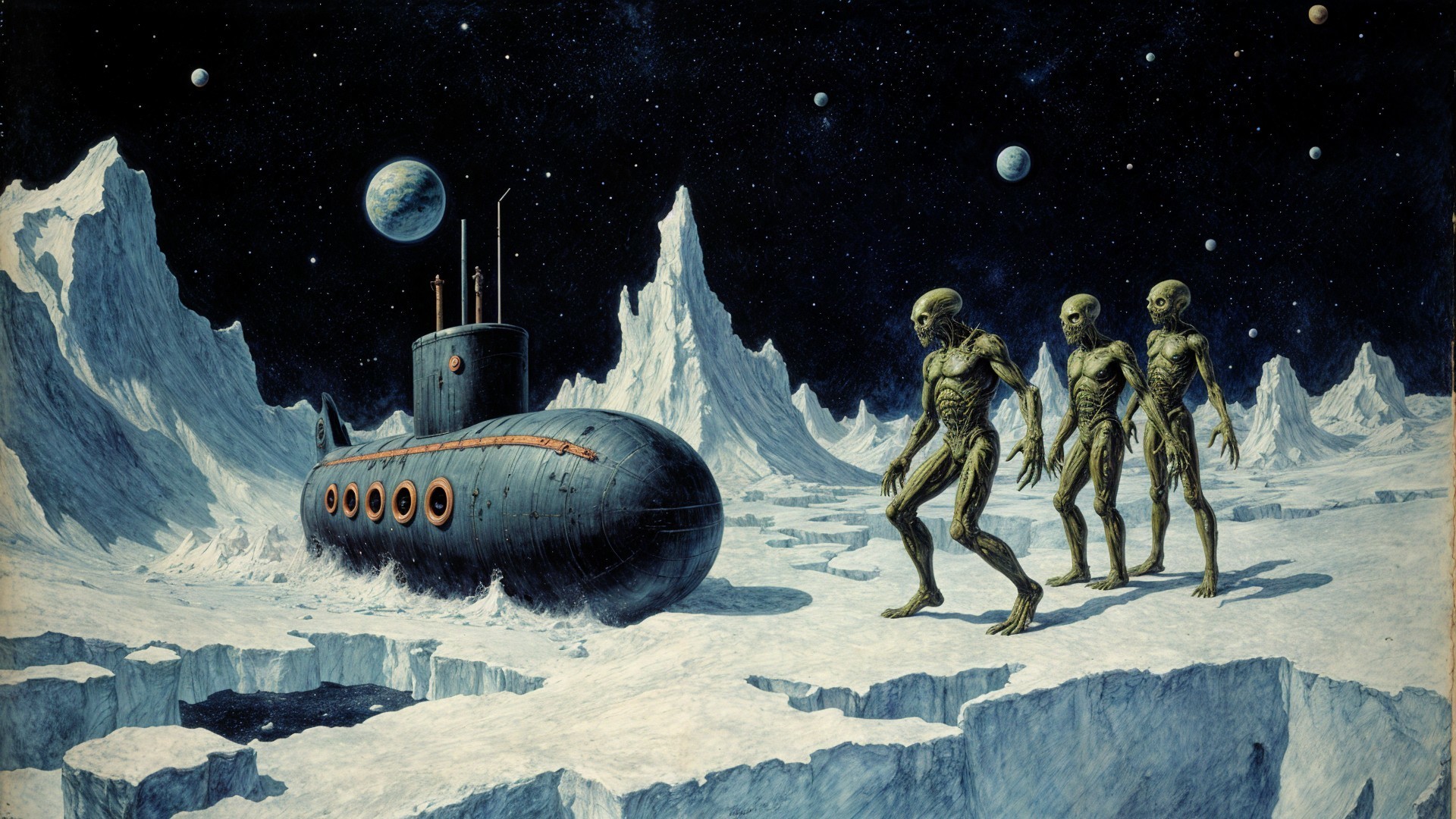 Surreal Icy Landscape with Submarine and Alien Beings