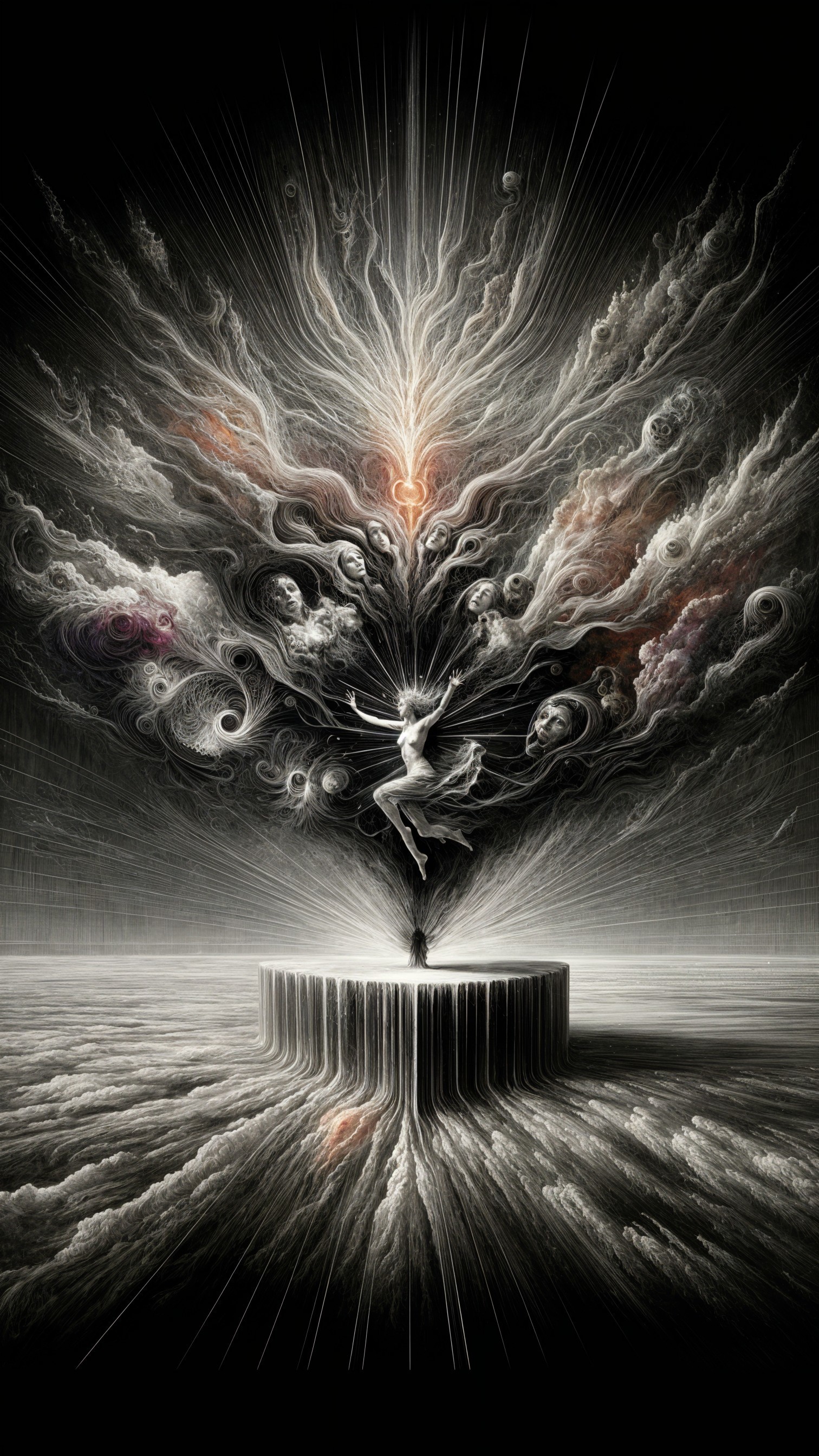 Surreal Scene of a Figure Above Swirling Clouds