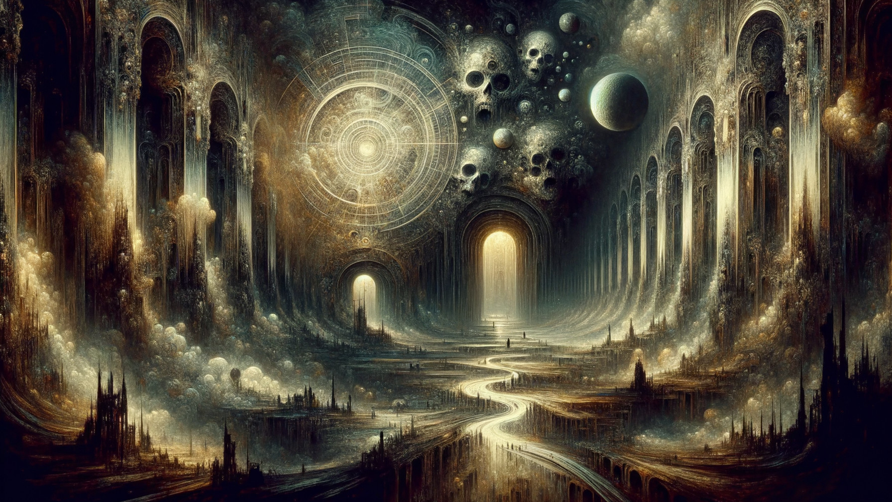 Surreal Landscape with Towers and Celestial Elements