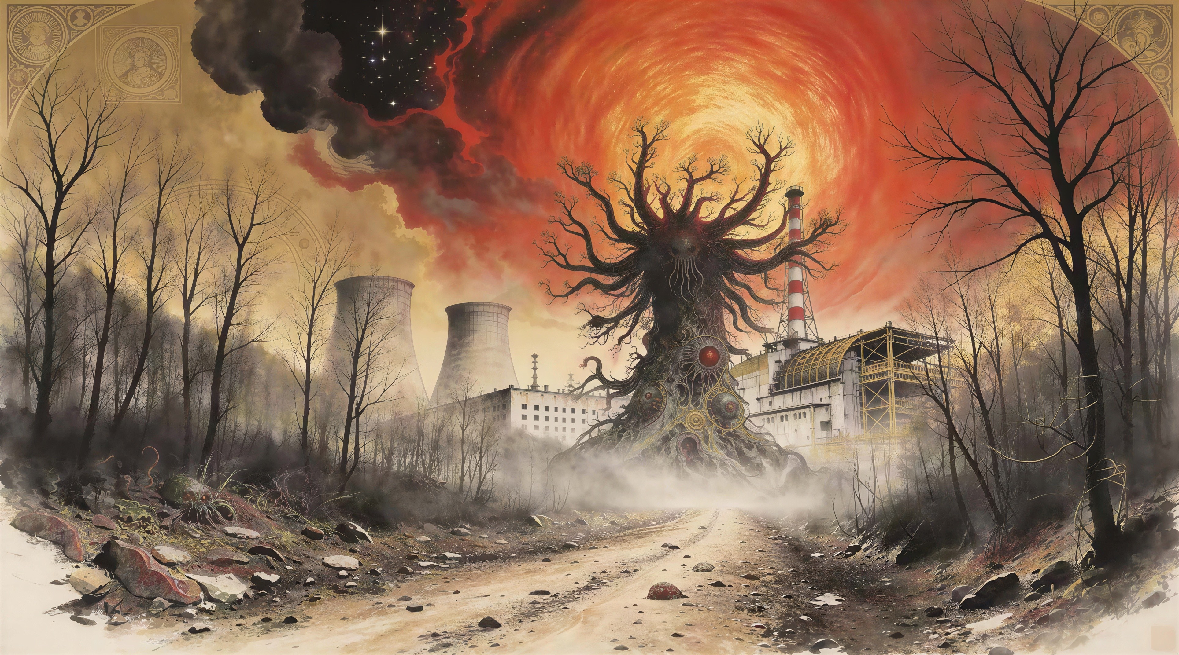 Post-Apocalyptic Landscape with Nuclear Ruins and Horror