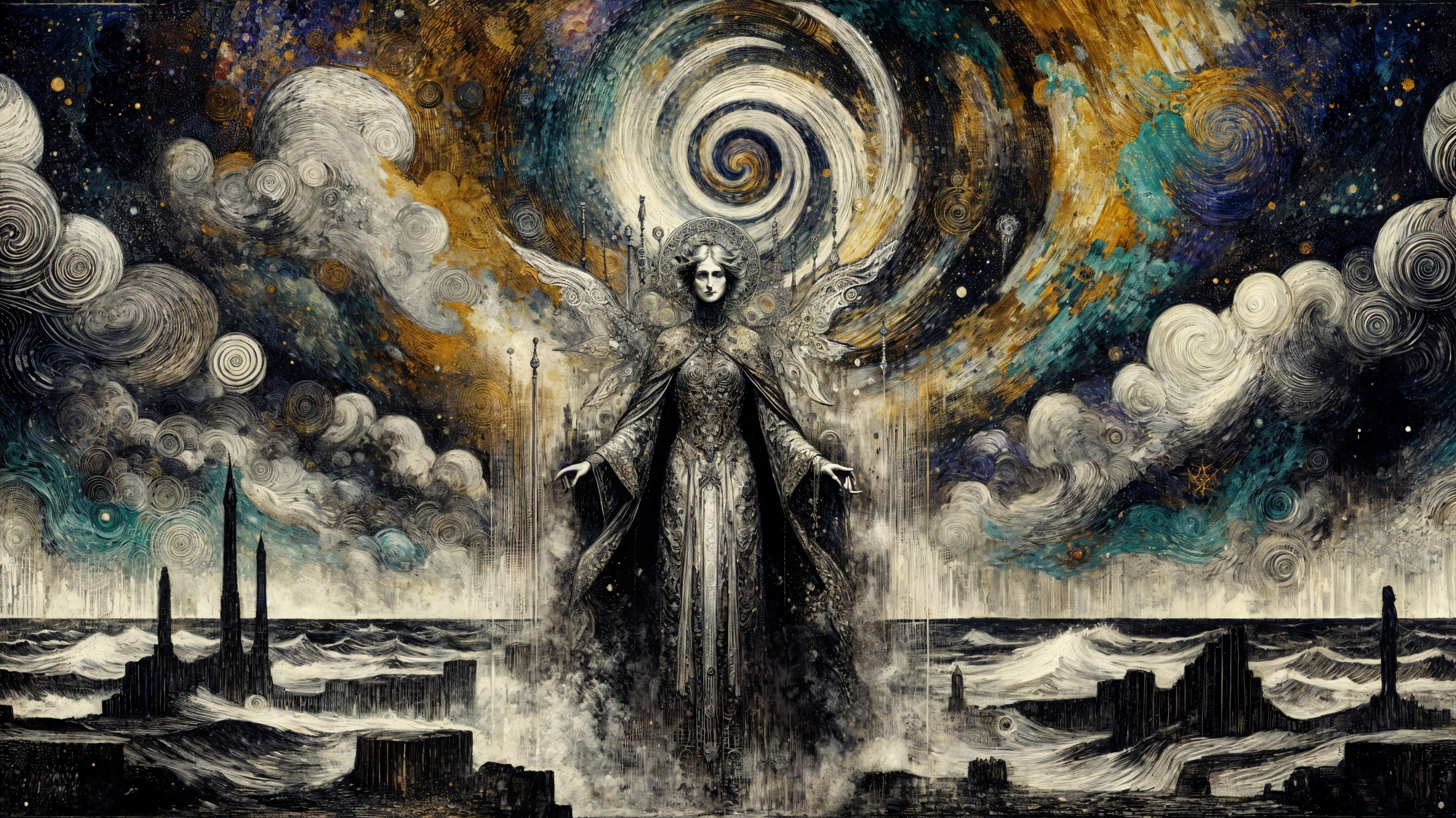 Mystical Figure on Turbulent Ocean with Cosmic Patterns