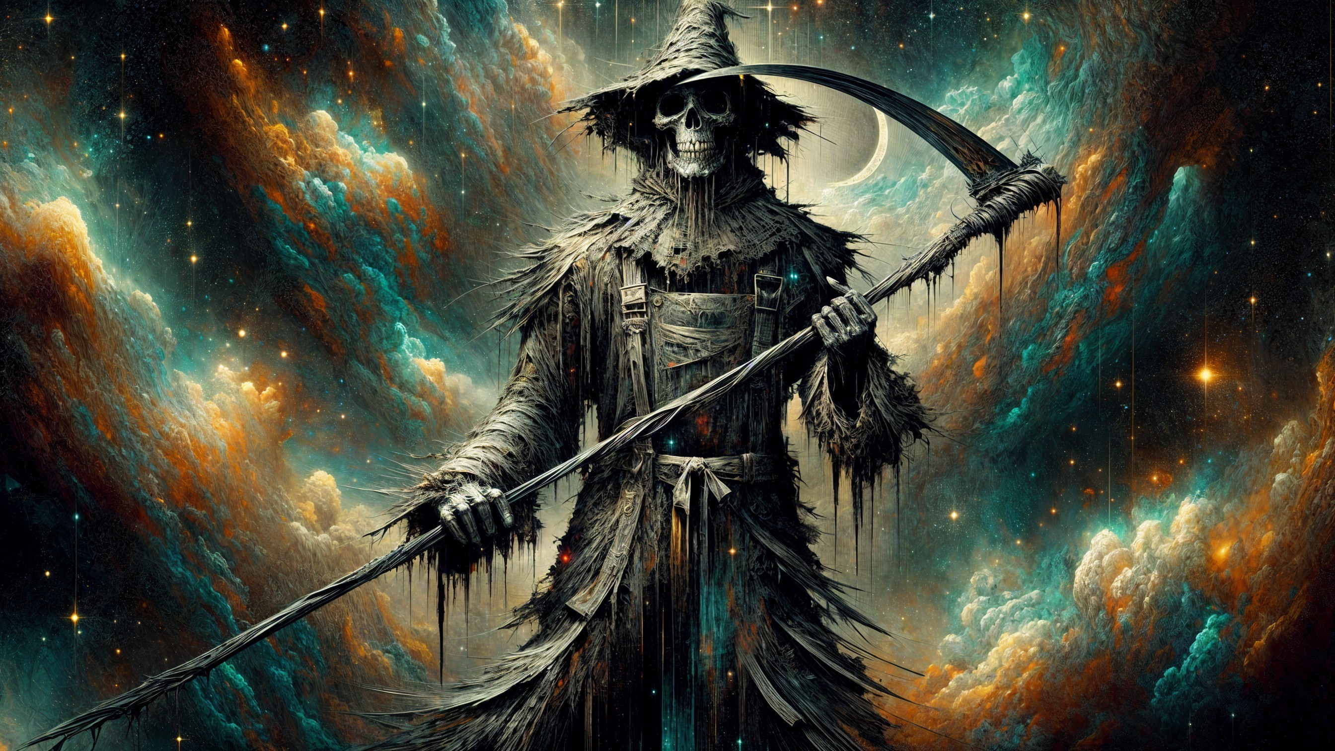 Skeletal Figure with Scythe Against Cosmic Background