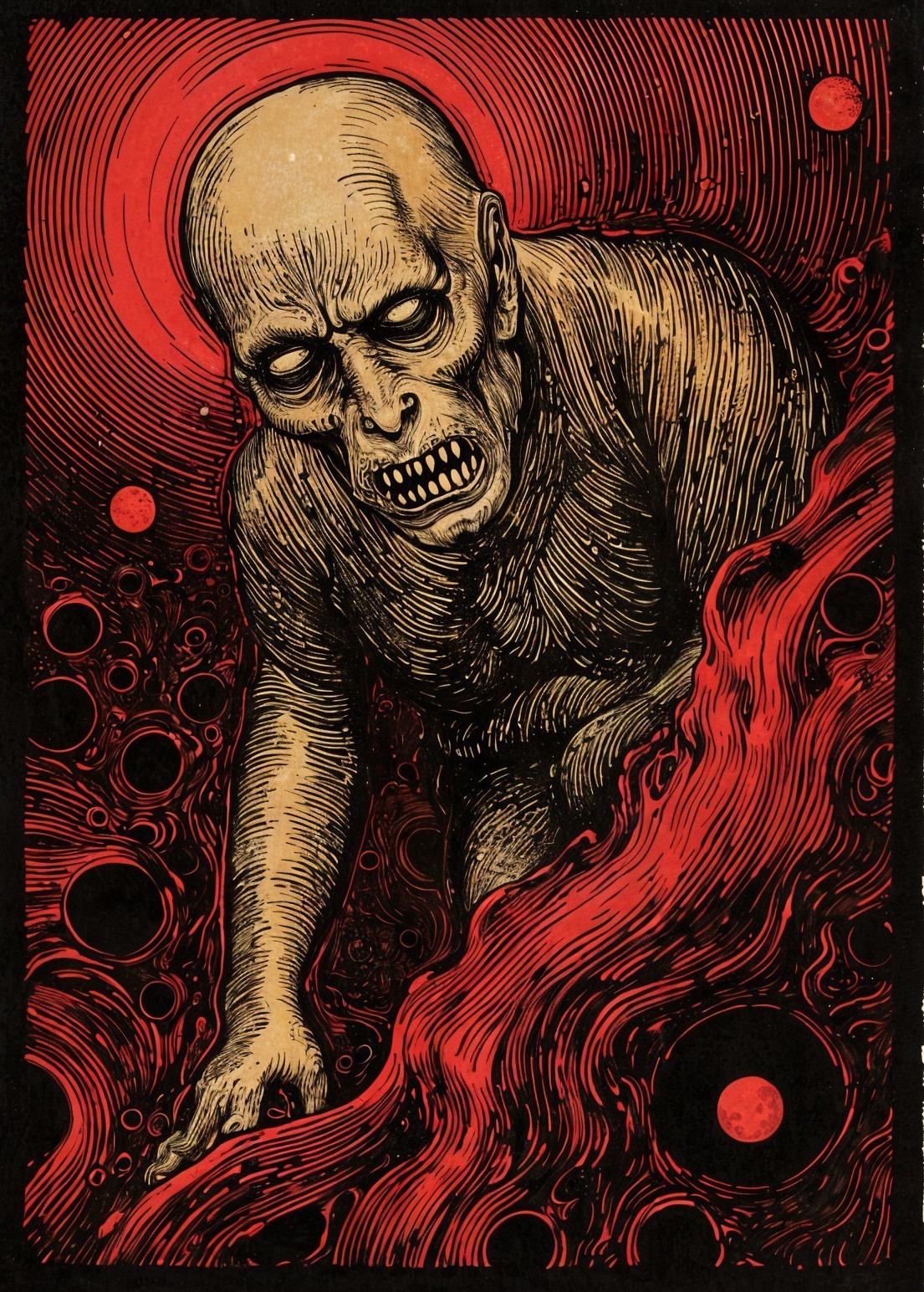 Haunting Figure in Abyss with Blood-Red Sun Background