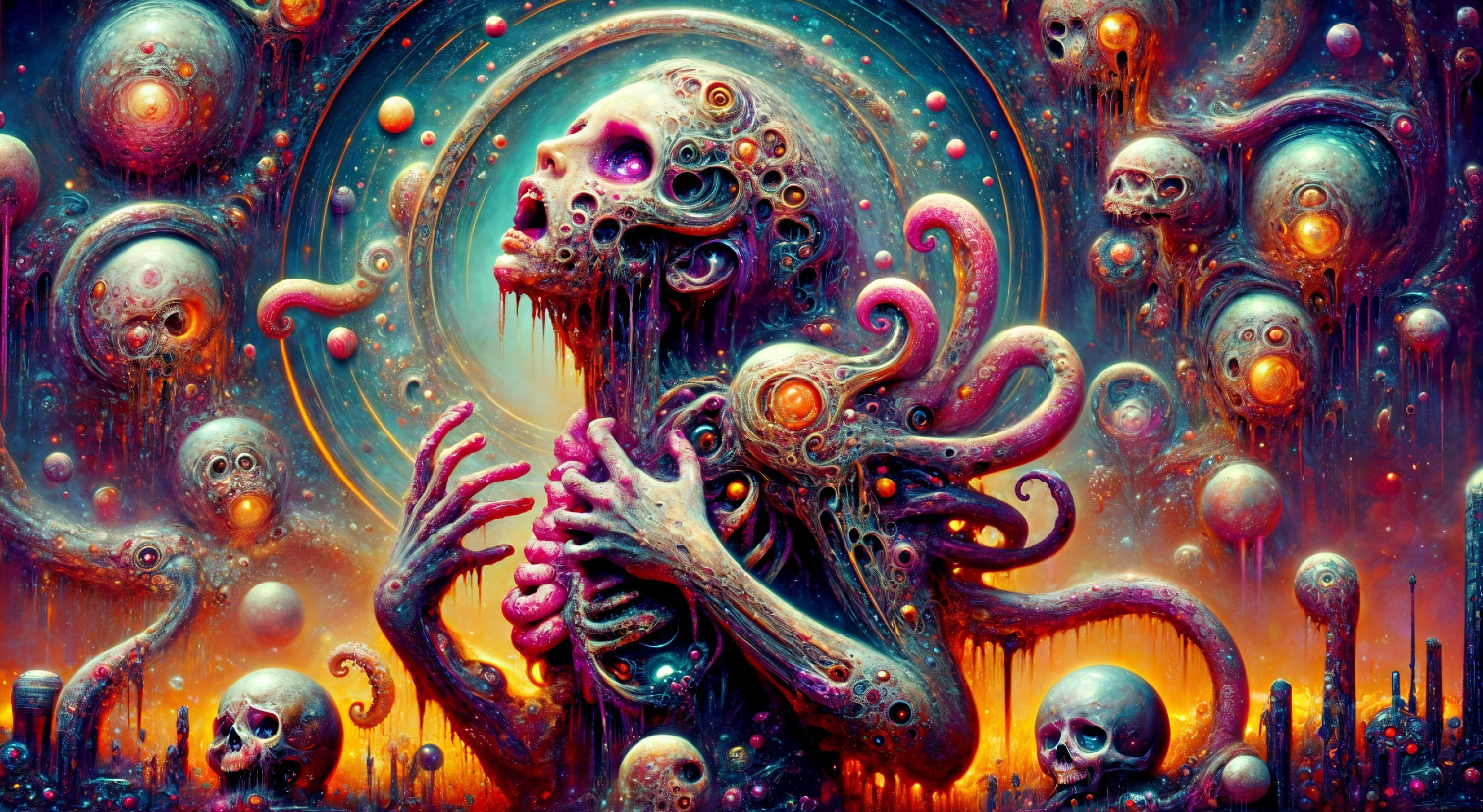 Surreal Scene with Ethereal Figure and Floating Skulls