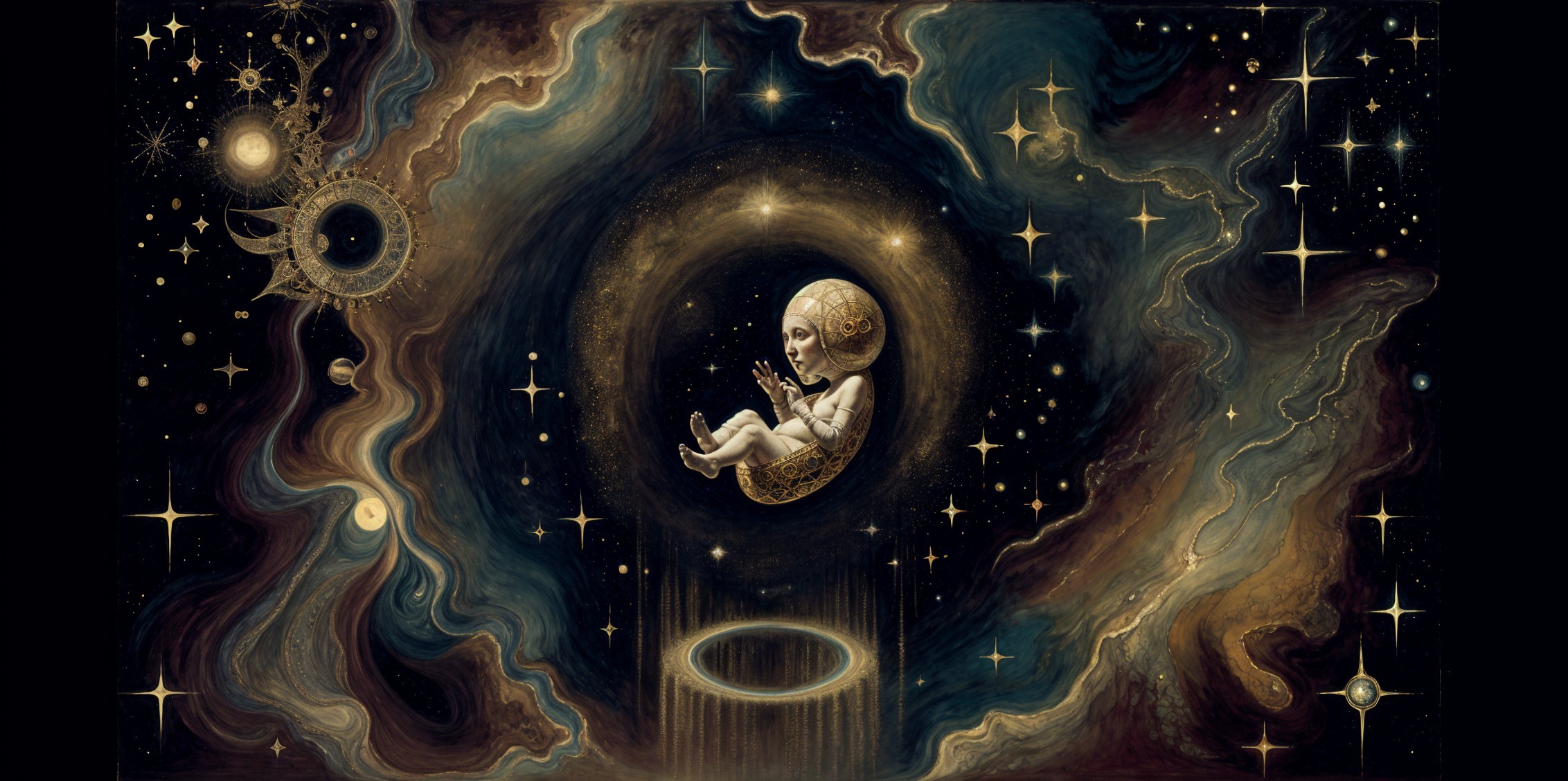 Surreal Cosmic Scene with Alien Figure in Pod