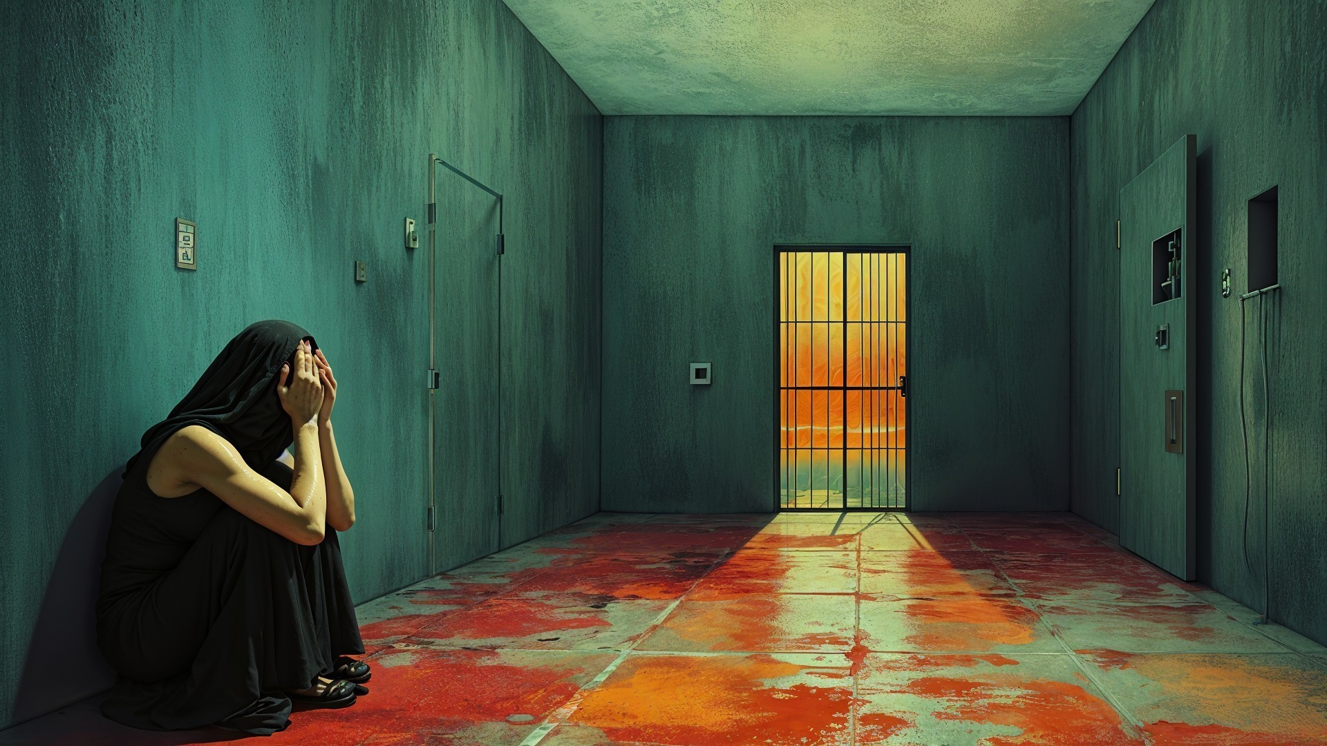 Despondent figure in a dimly lit cell with red splatters