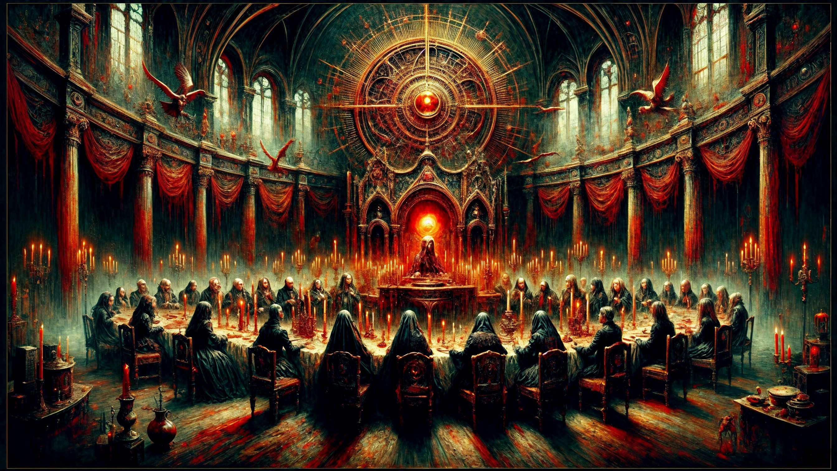 Gothic Hall with Hooded Figures and Candlelight