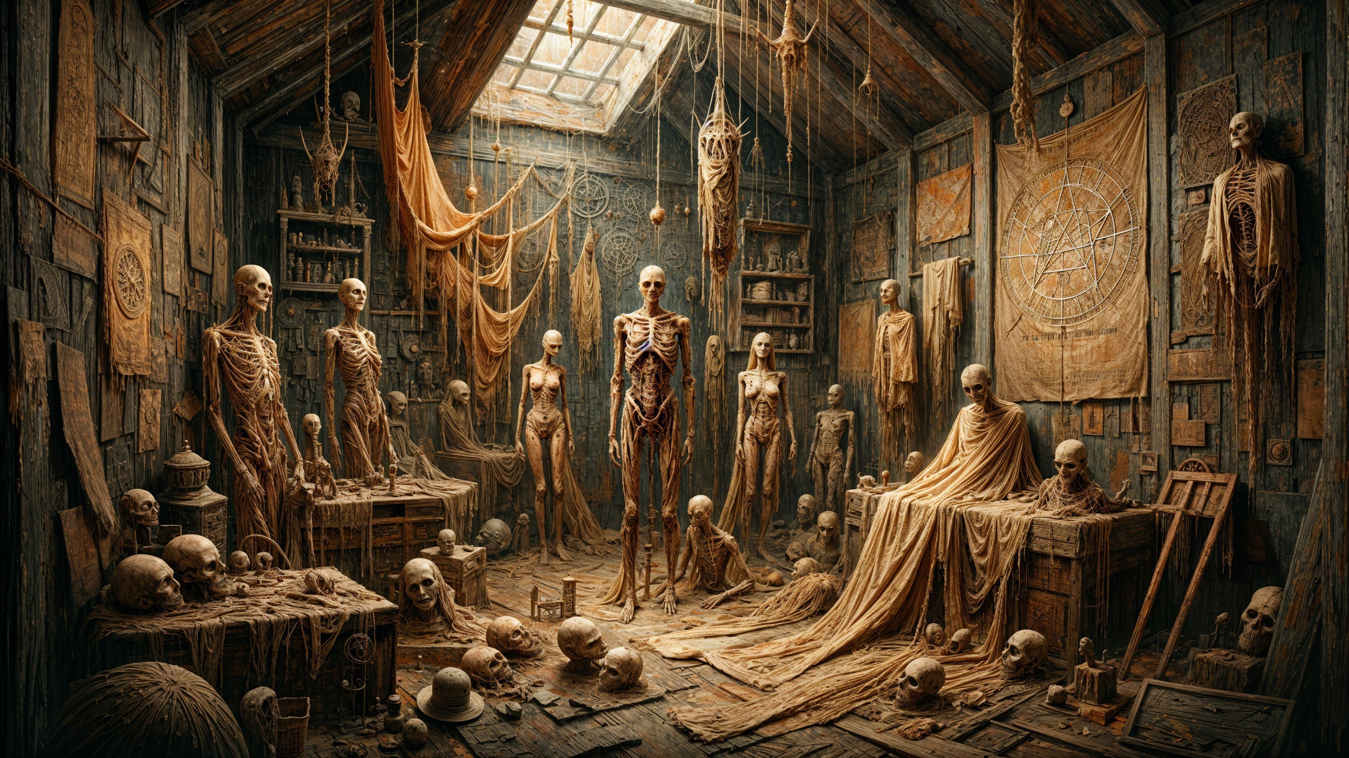 Eerie Room with Skeletal Remains and Occult Symbols