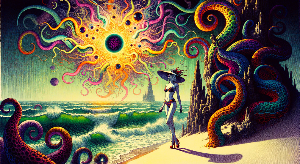 Surreal Beach Scene with Vibrant Colors and Patterns