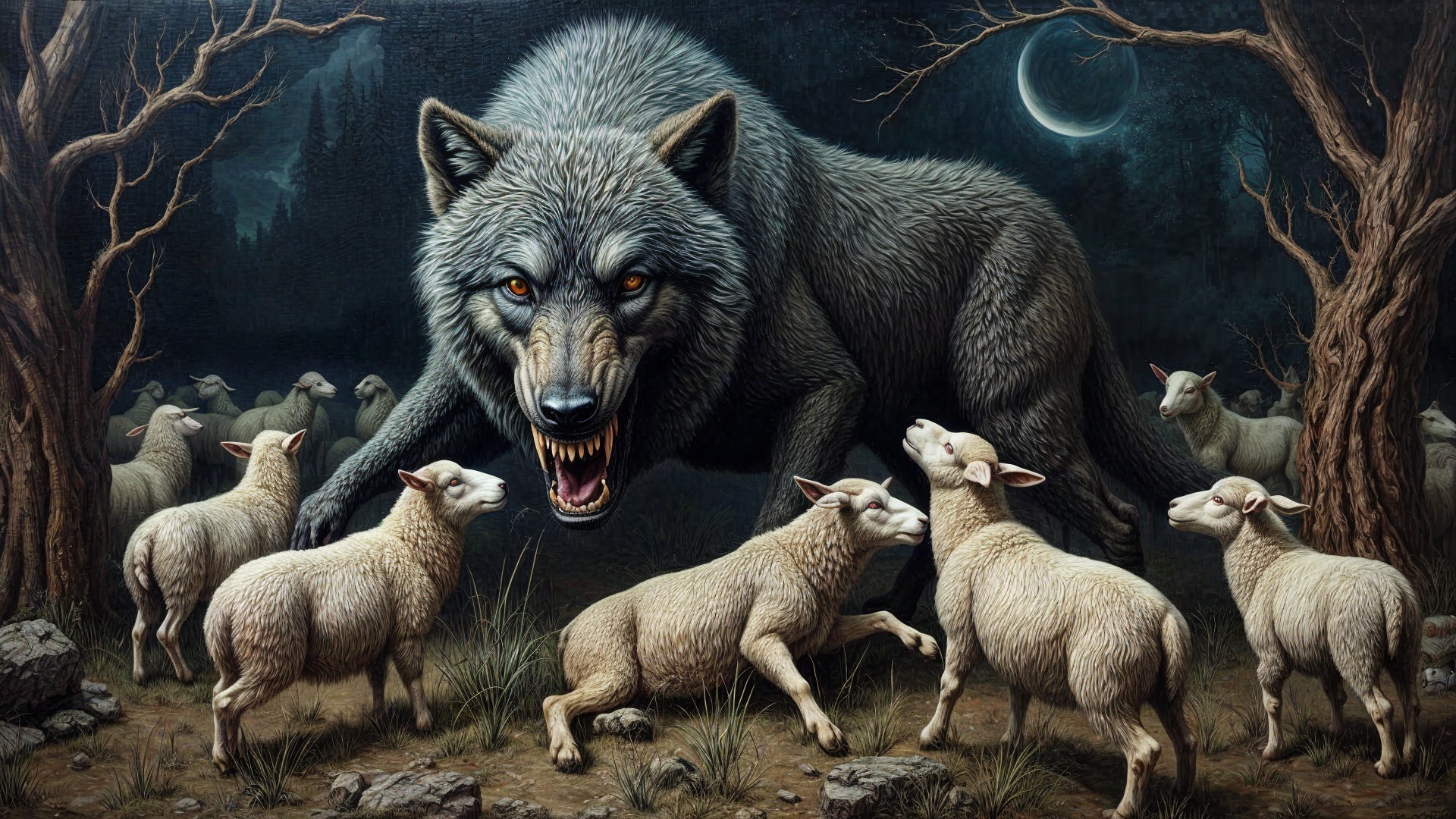 Wolf Threatens Sheep in Dark Forest Under Moonlight
