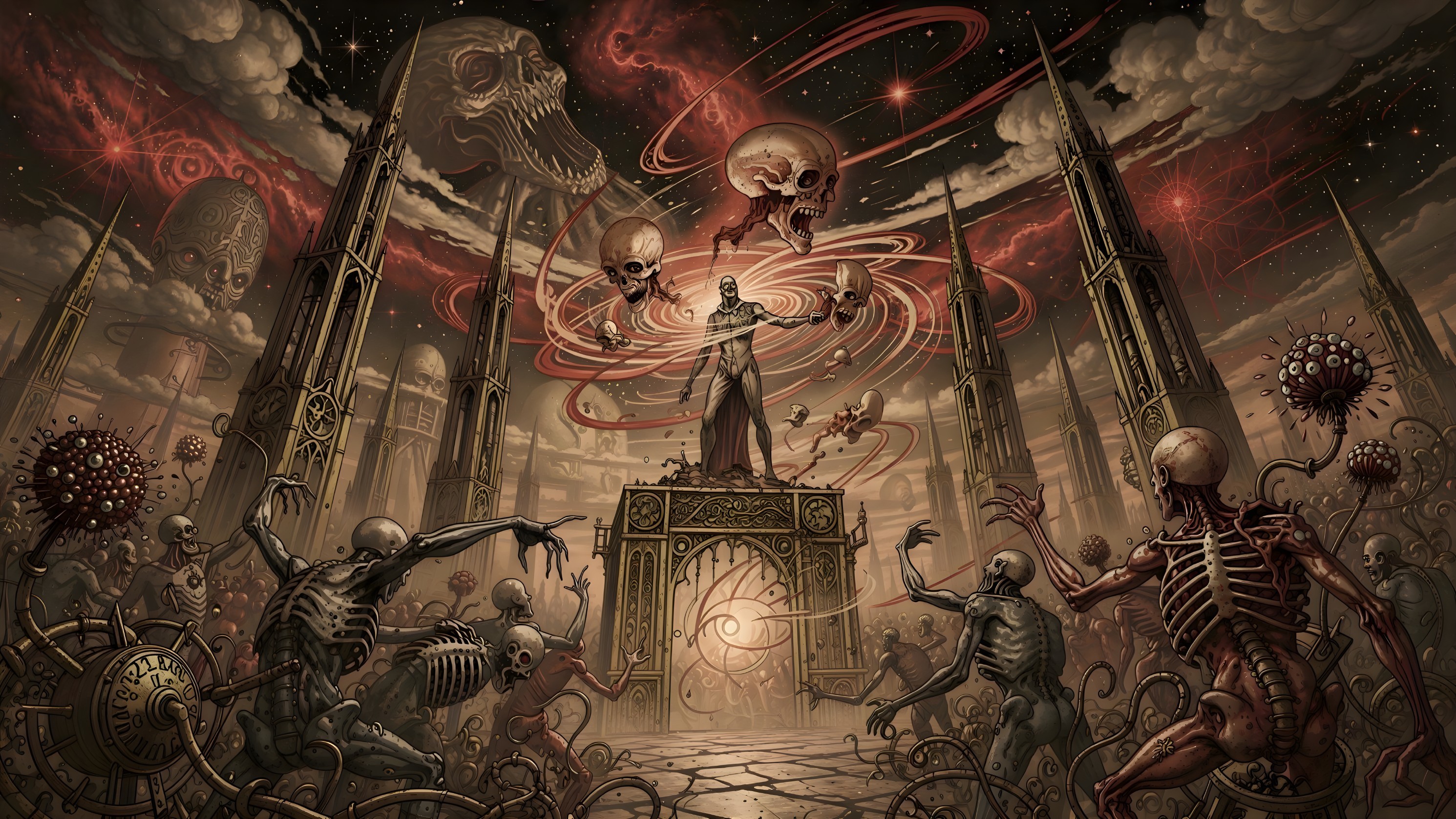 Grotesque Oil Painting of a God-like Figure in Cathedral