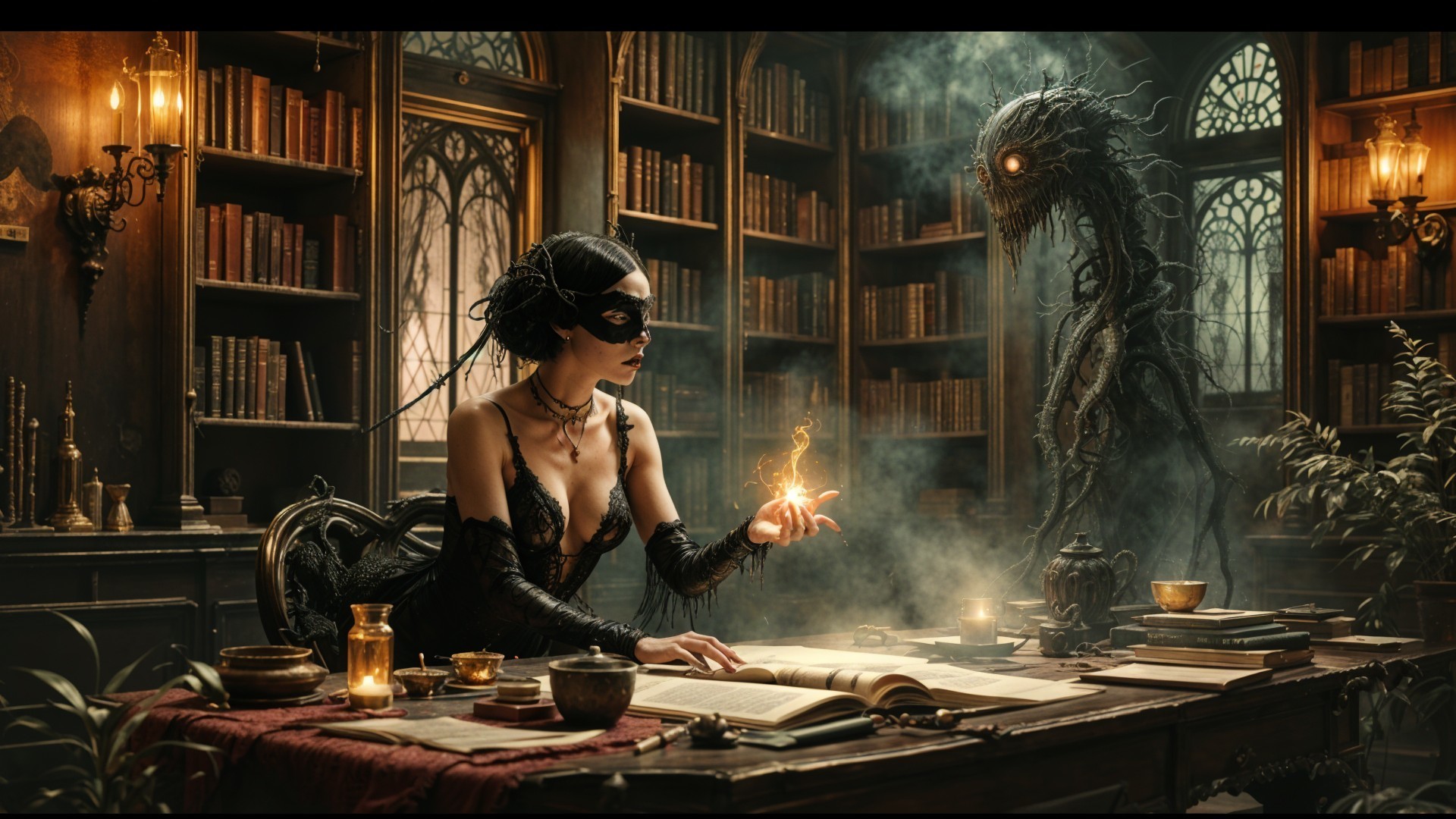 Mysterious Woman and Creature in Enchanted Library