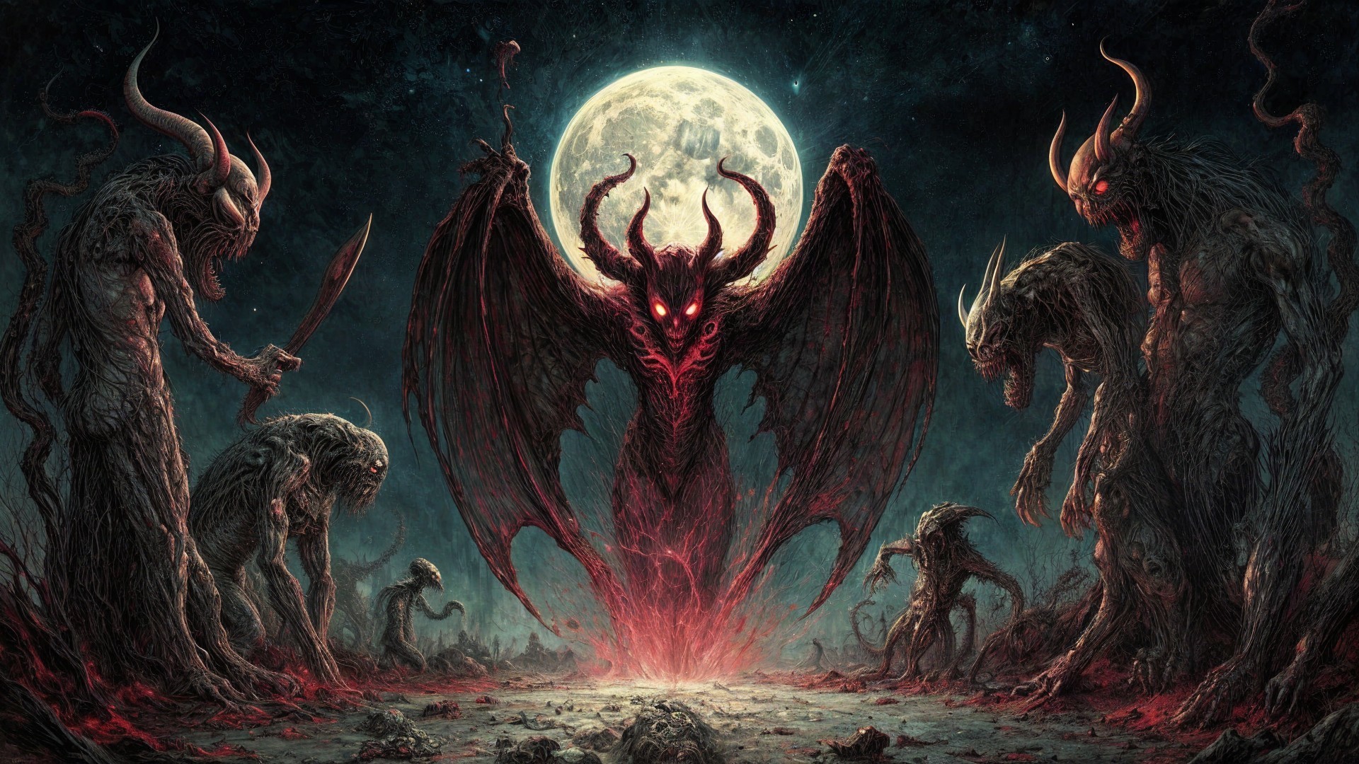 Monstrous Figure in Dark Eerie Landscape with Creatures