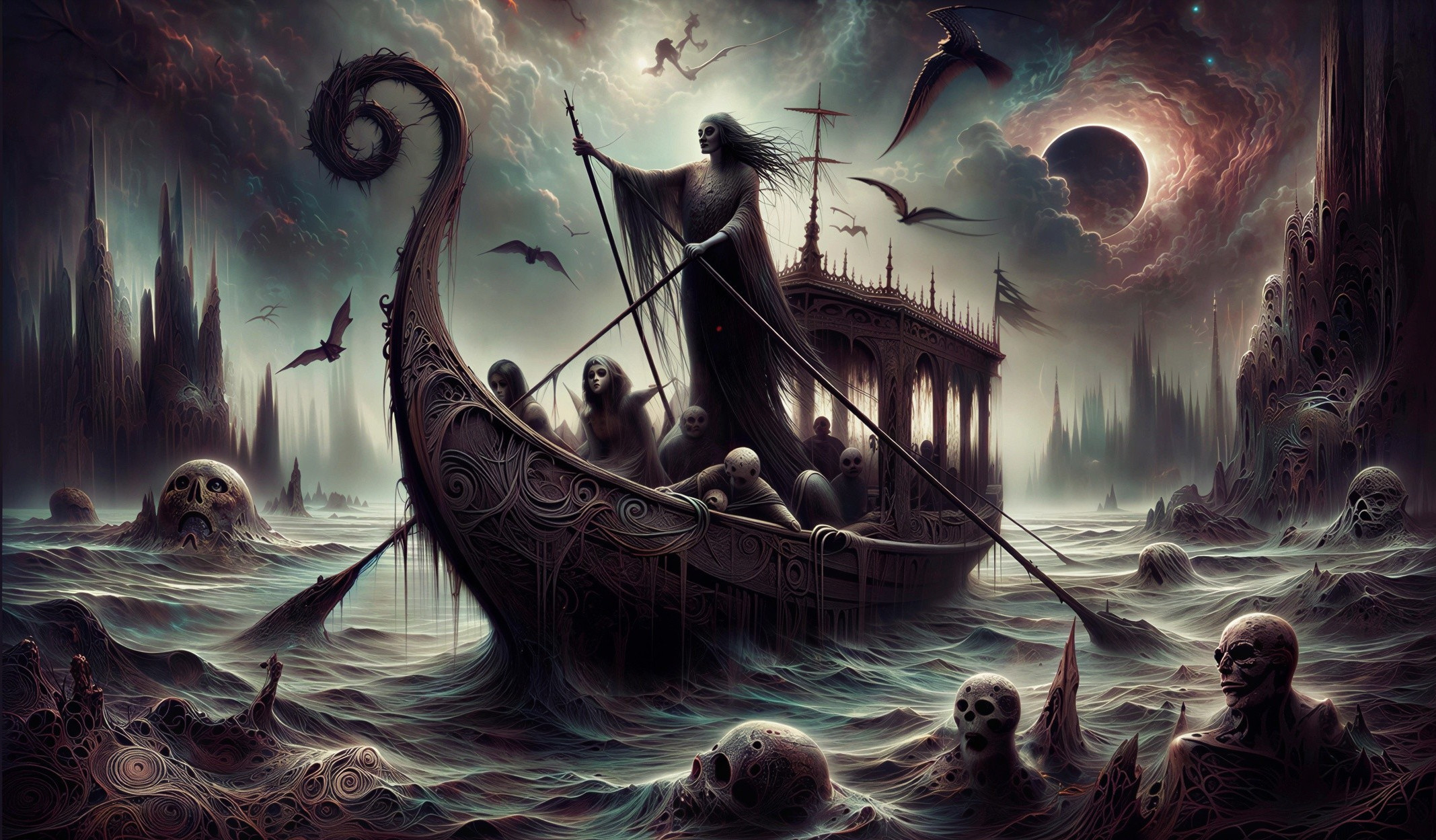 Dark Fantasy Scene with Cloaked Figure in Gothic Boat