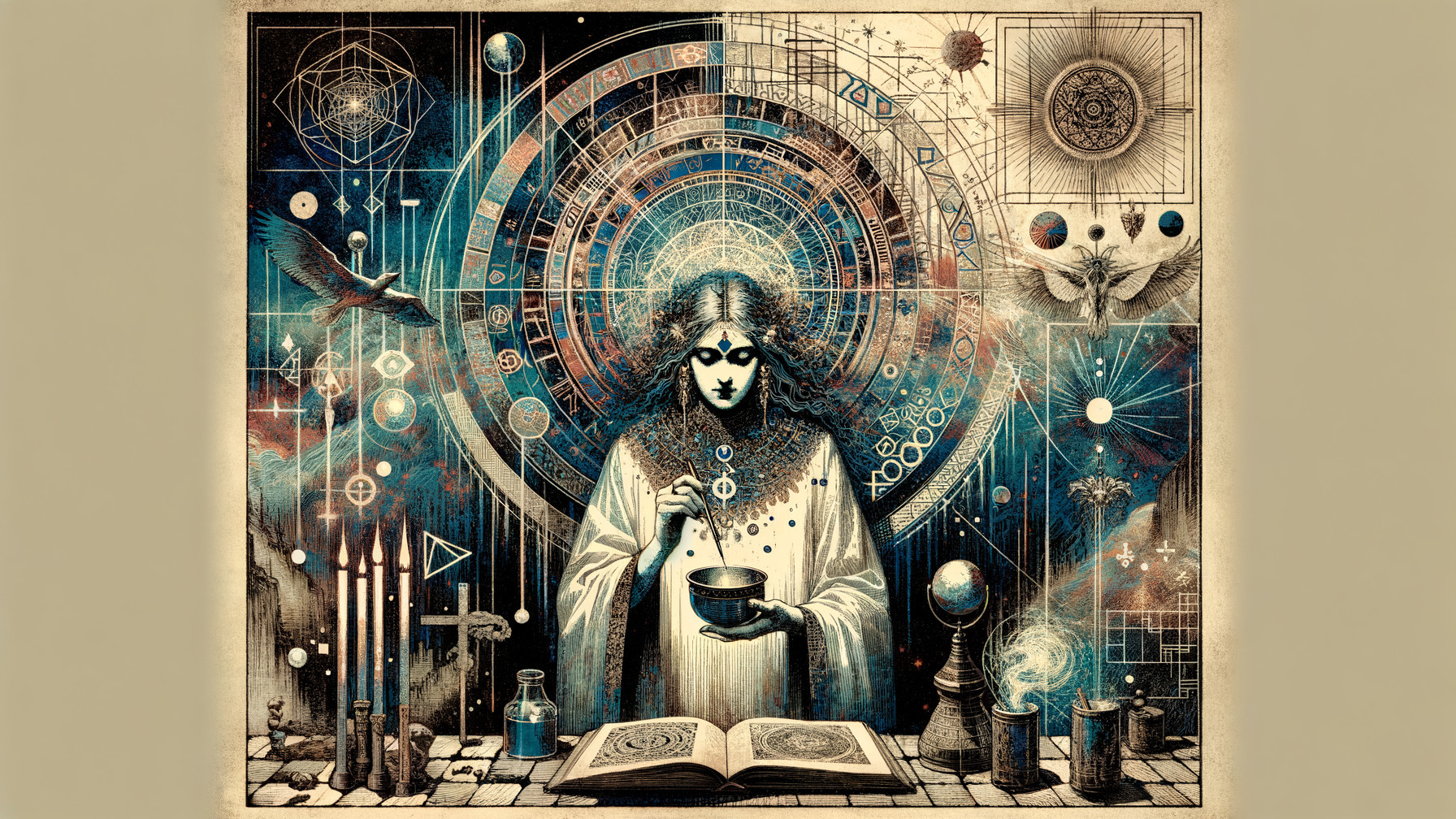 Mystical Alchemist with Geometric Patterns and Symbols