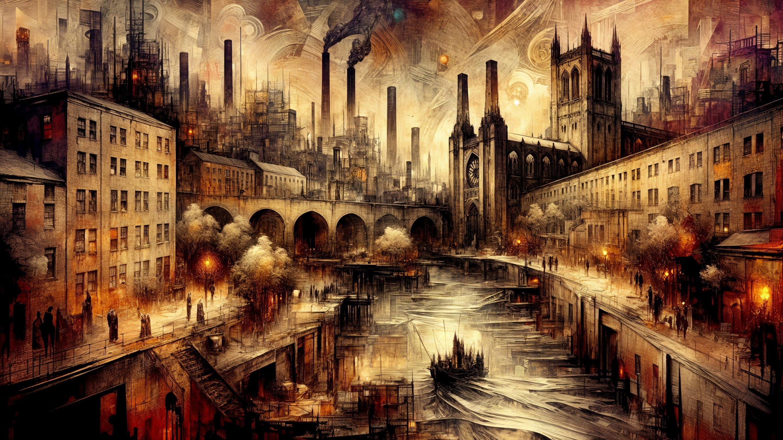 Industrial Cityscape with Factories and River View