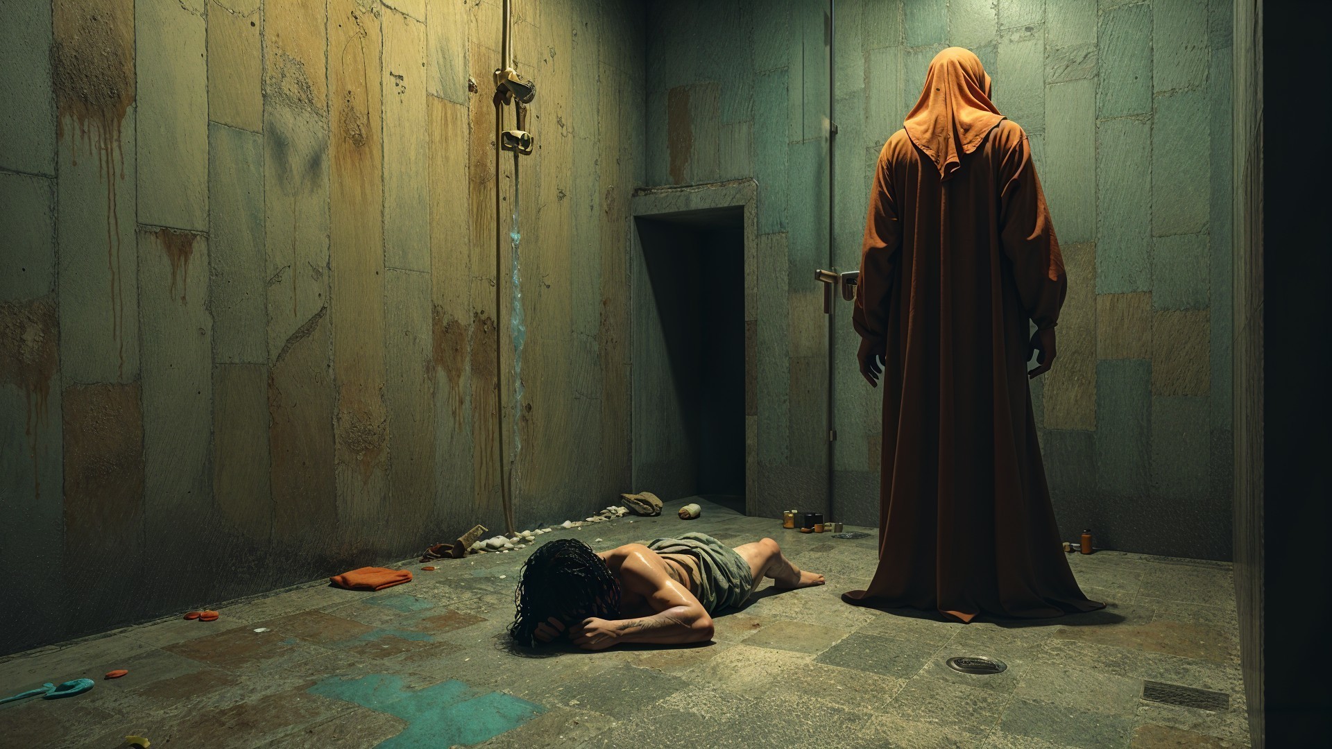 Ominous Scene of a Cloaked Figure in a Dark Room