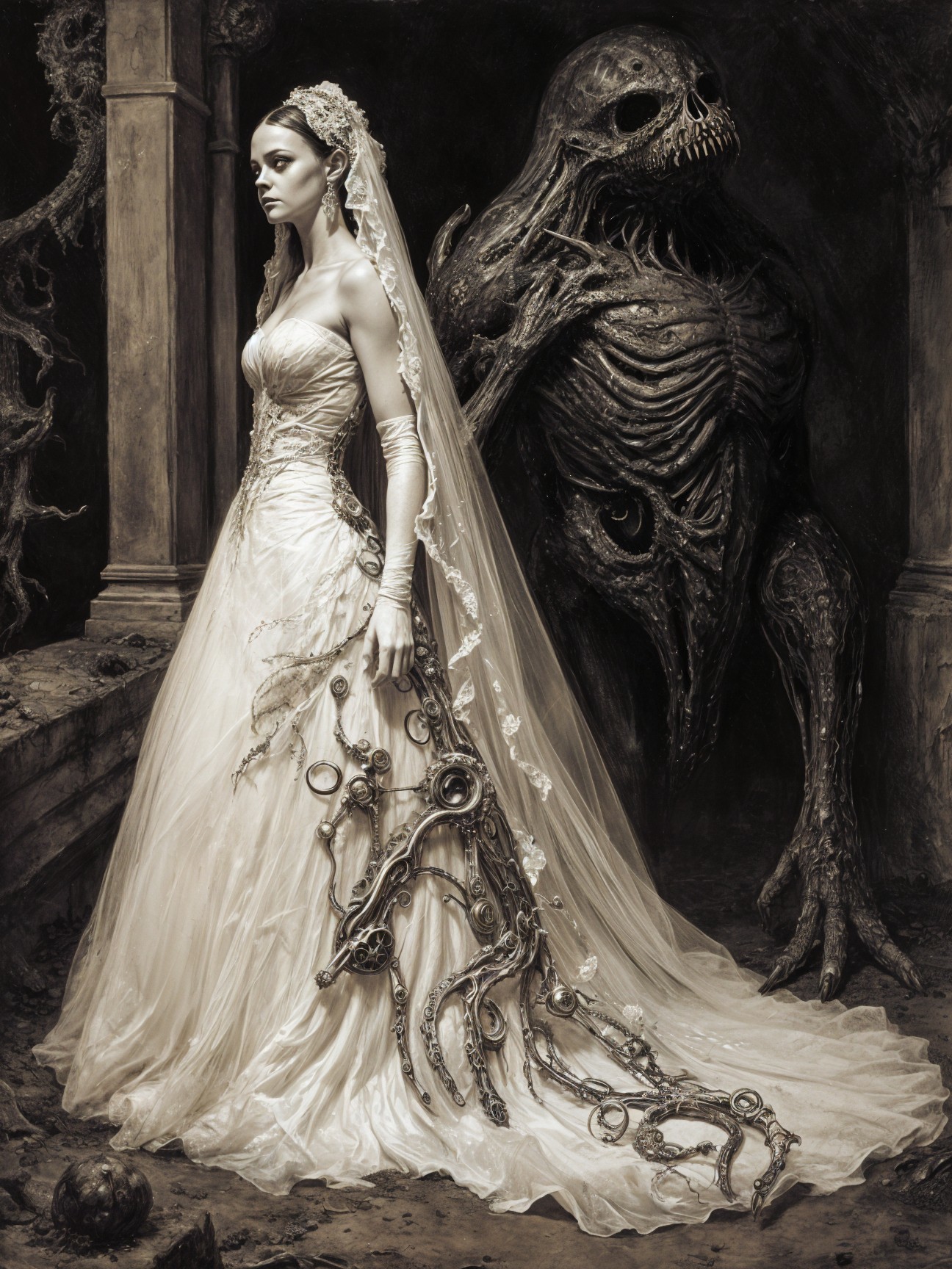 Bride in Tattered Gown with Monstrous Figure Behind