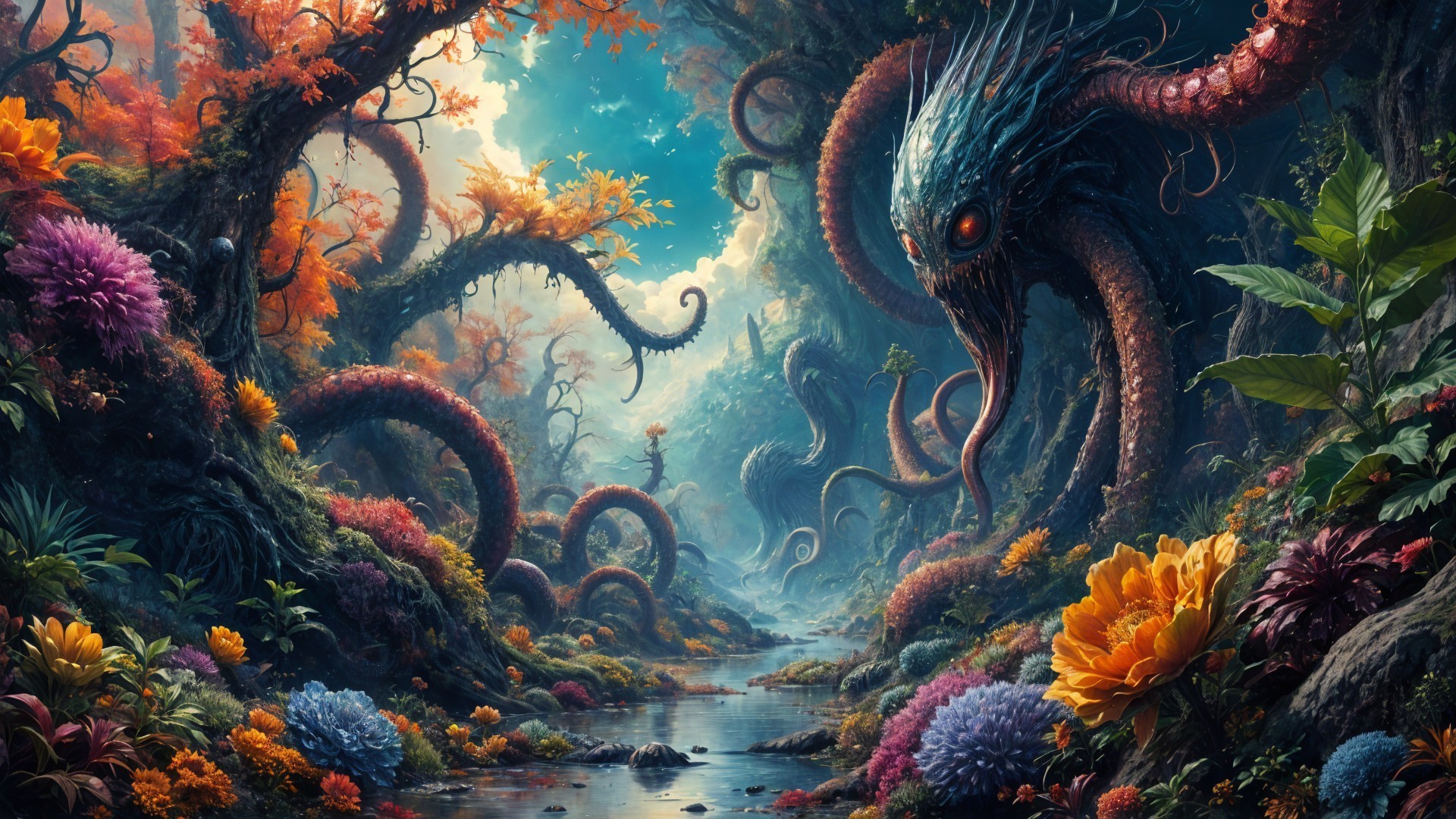 Surreal Landscape with Vibrant Flora and Tentacles