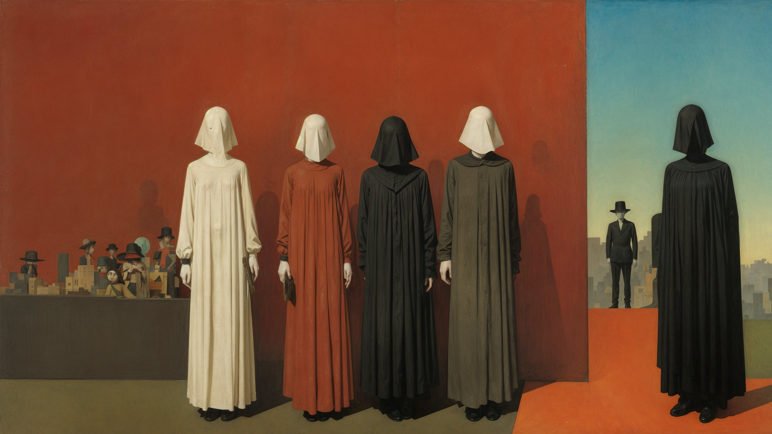 Cloaked Figures Against Red and Blue Background