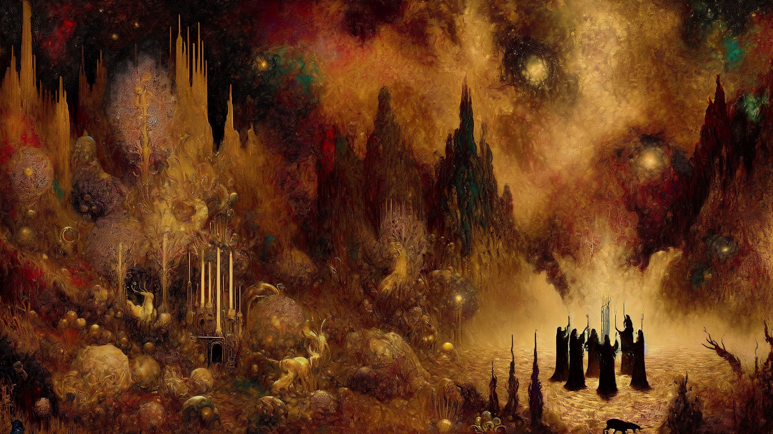 Surreal Dark Landscape with Golden Hues and Figures