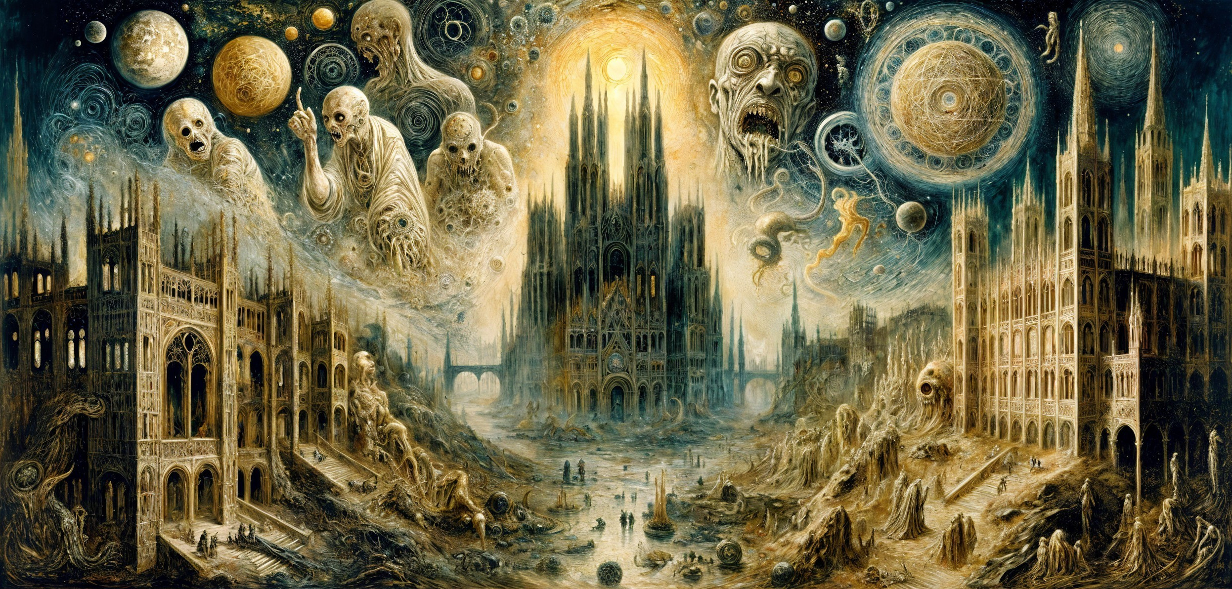 Surreal Landscape with Gothic Architecture and Cosmic Elements