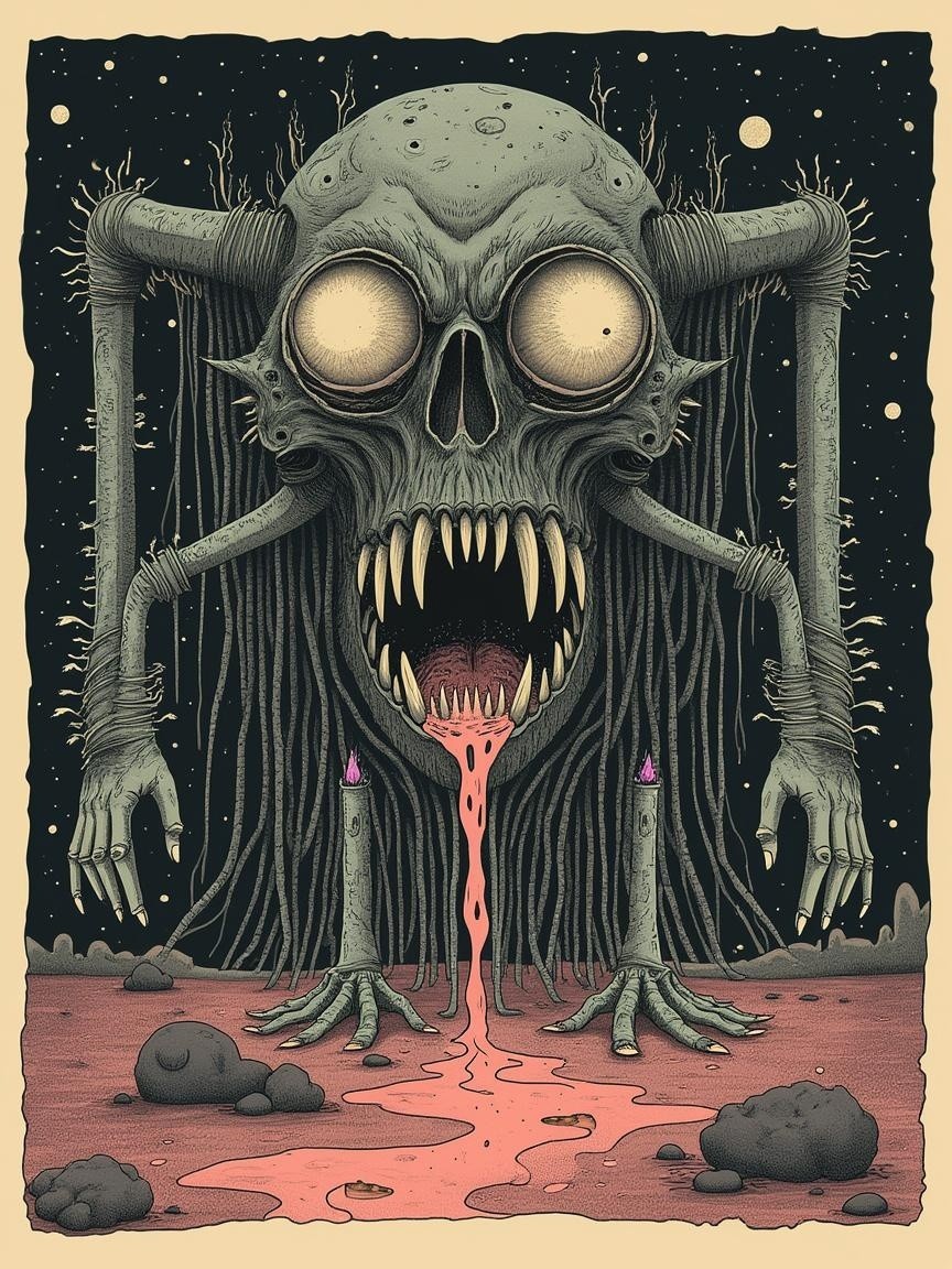 Grotesque Creature in Dark Eerie Landscape with Candles