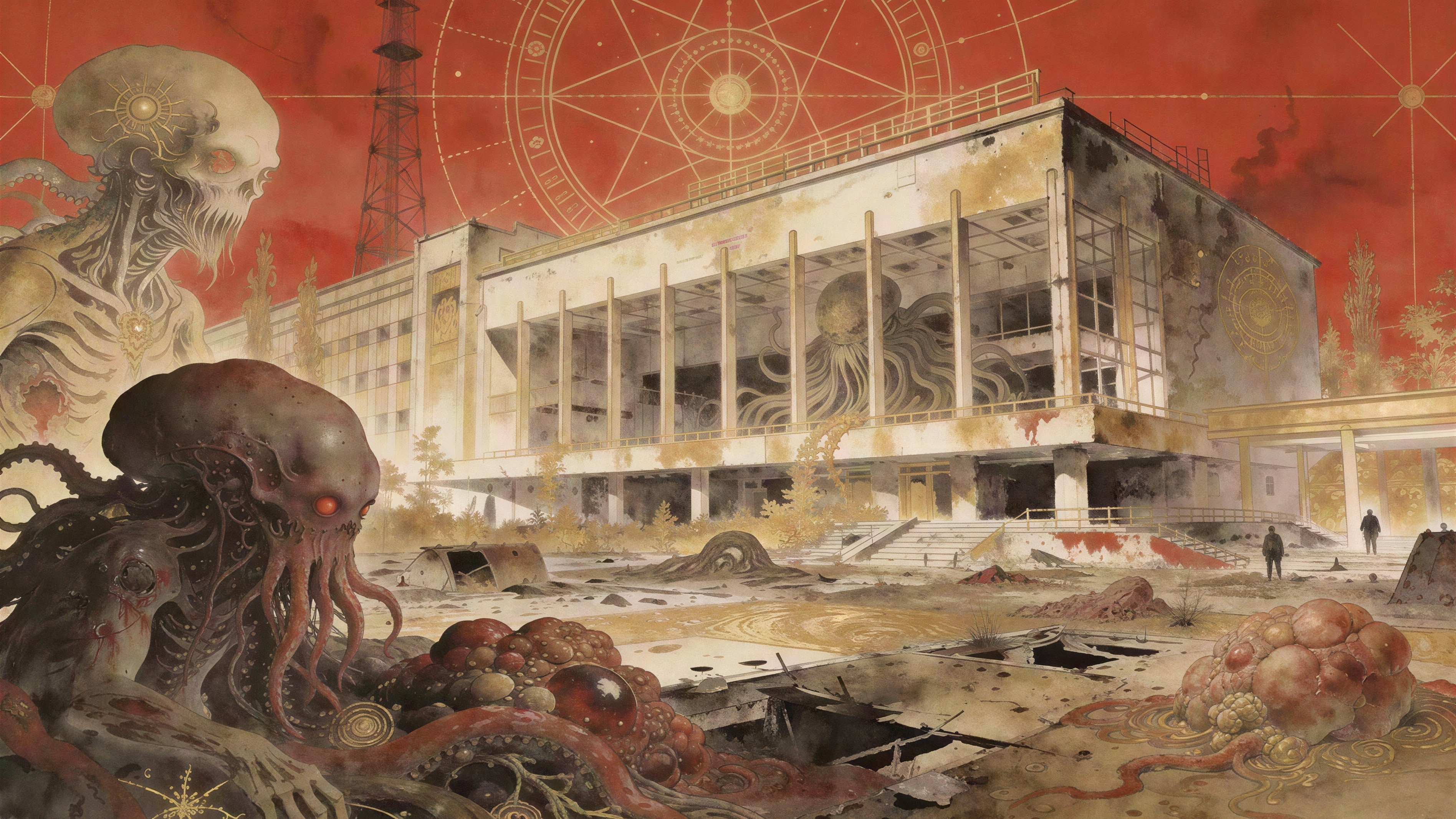 Horror Artwork of Abandoned Building with Cosmic Theme