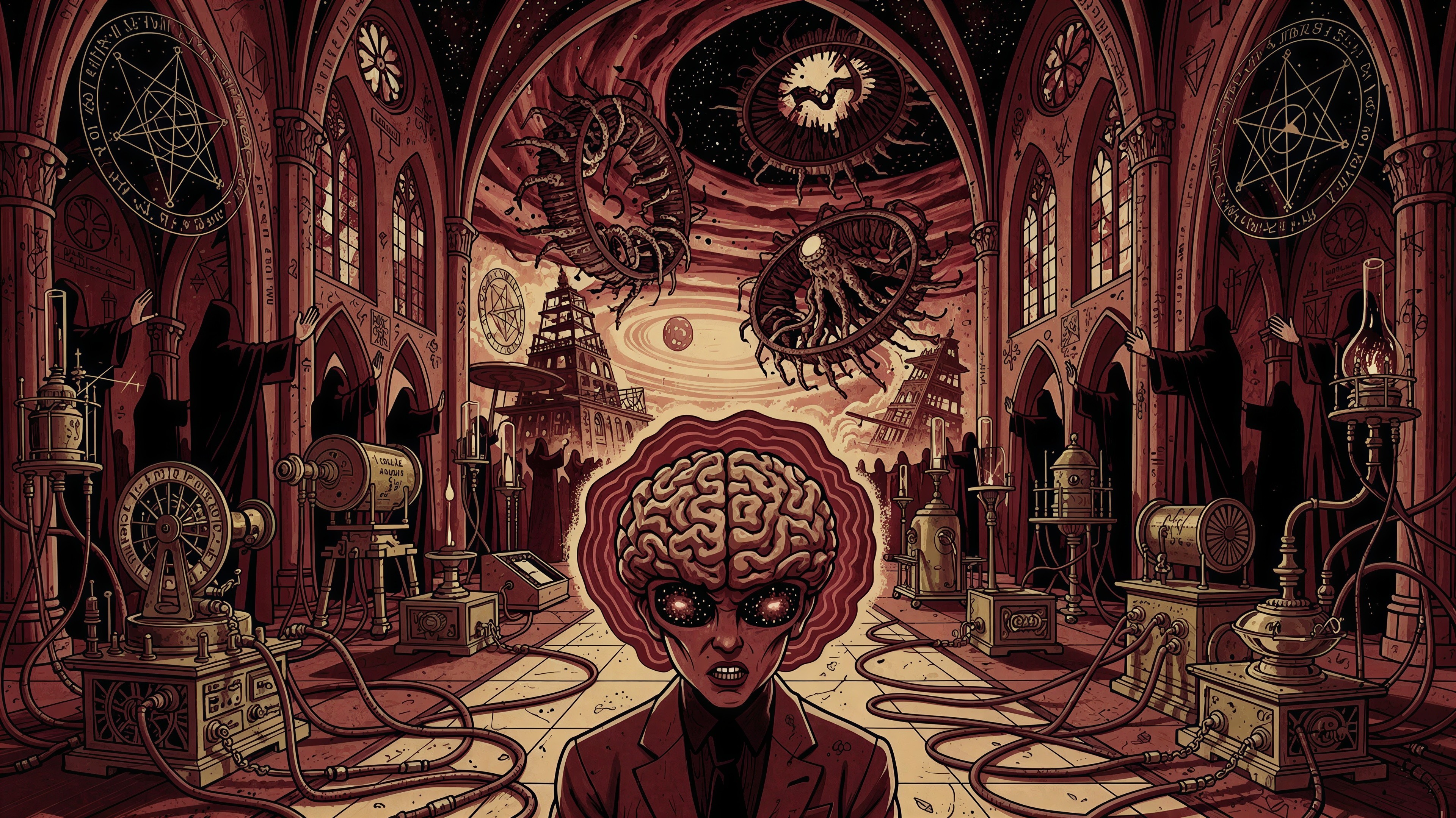 Eerie Steampunk Cathedral with Ritualistic Figures