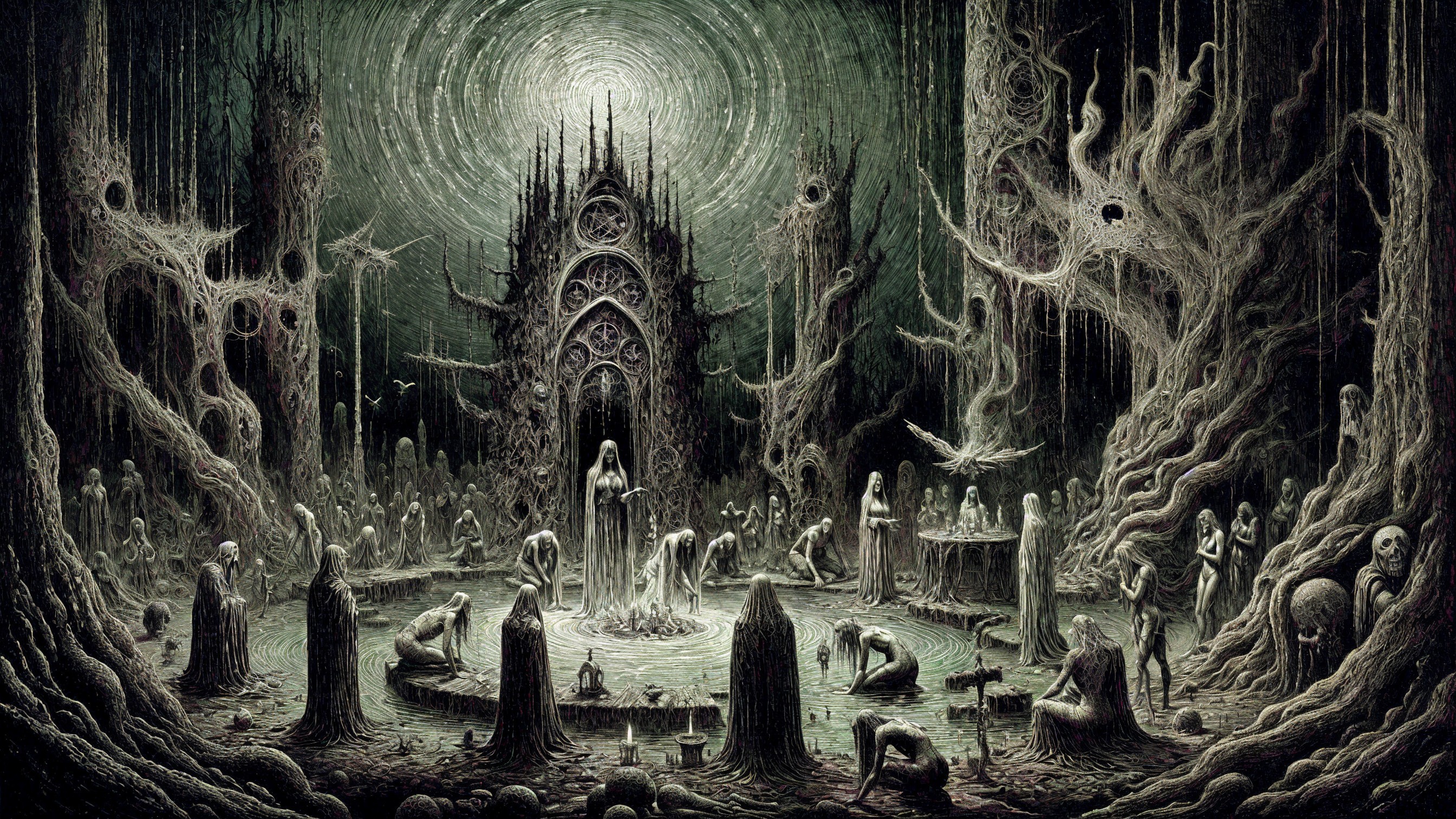 Eerie Landscape with Twisted Trees and Ghostly Figures