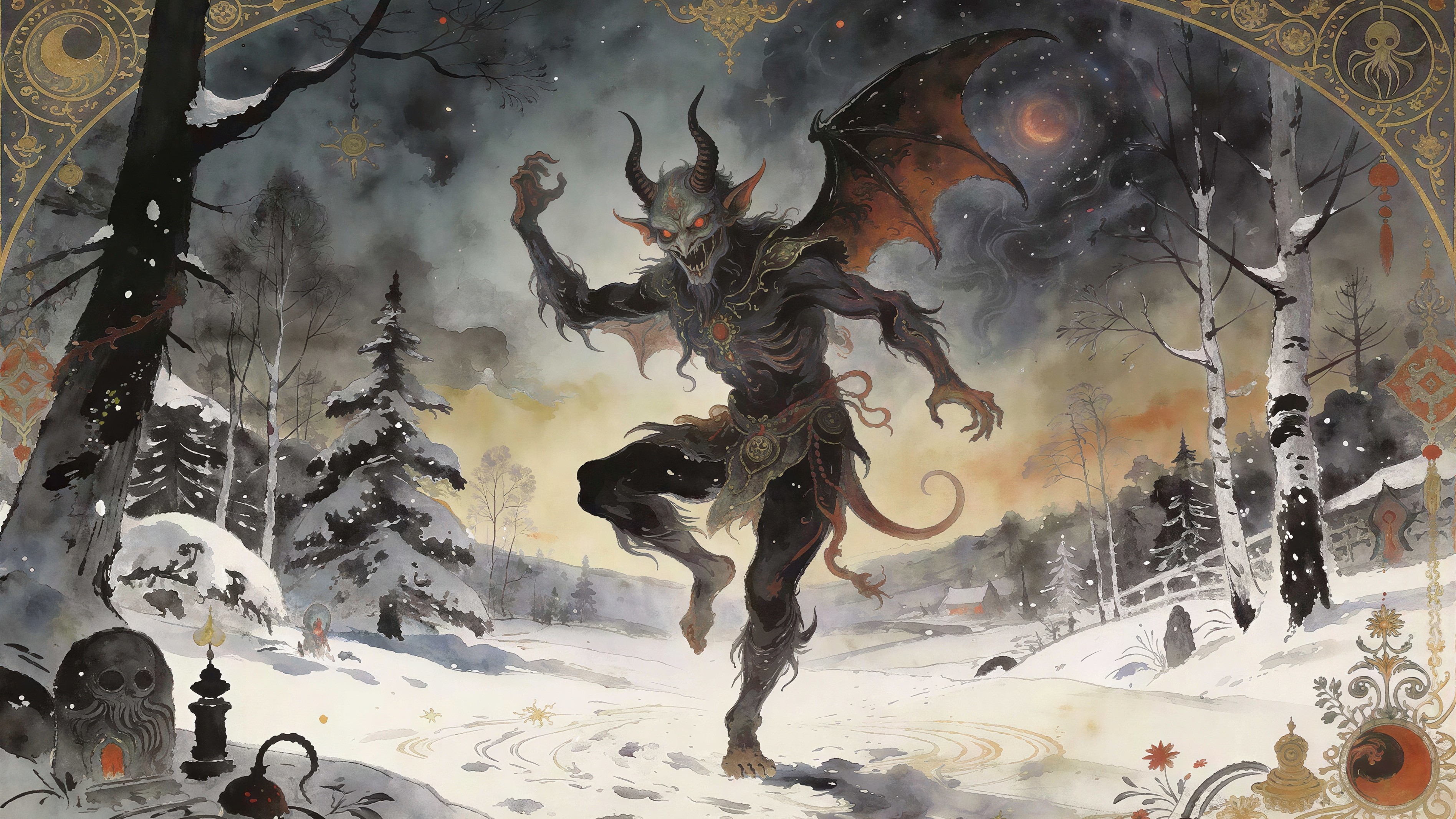 Gothic Winter Painting of Krampus in Snowy Forest