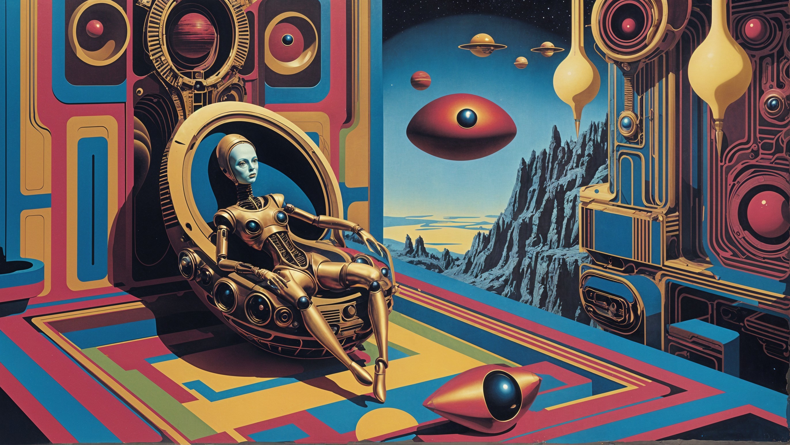 Futuristic Robot in Vibrant Geometric Chair Scene