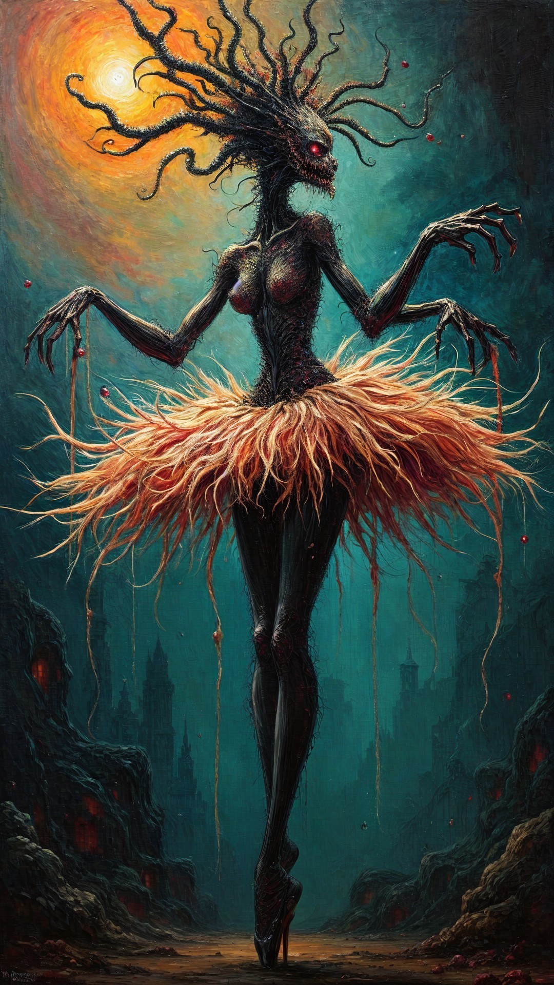 Ethereal Figure with Twisted Hair and Flame Tutu