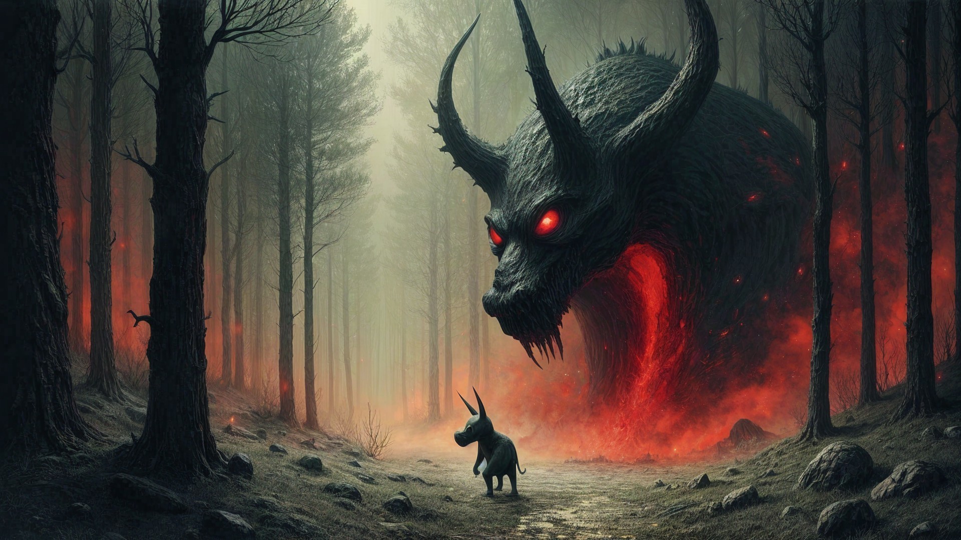 Horned Creature in Misty Forest with Glowing Eyes