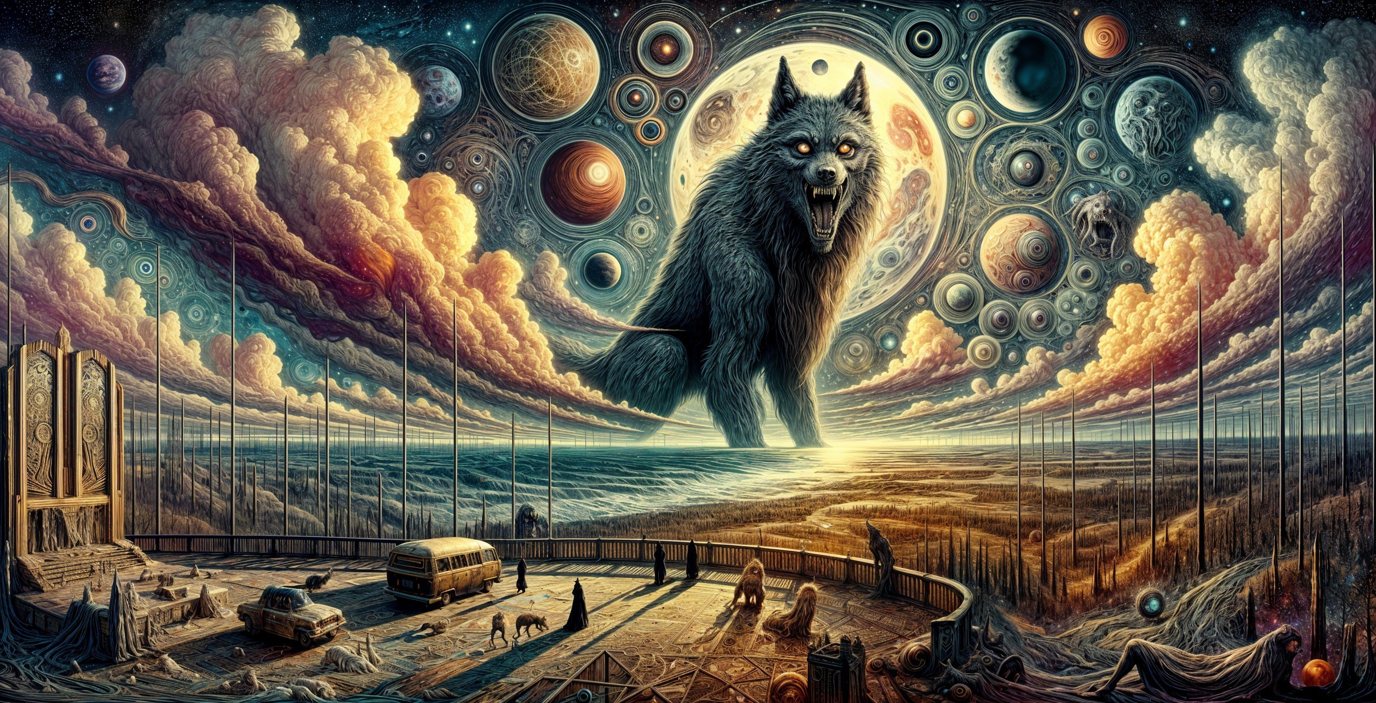 Surreal Landscape with Wolf and Cosmic Elements