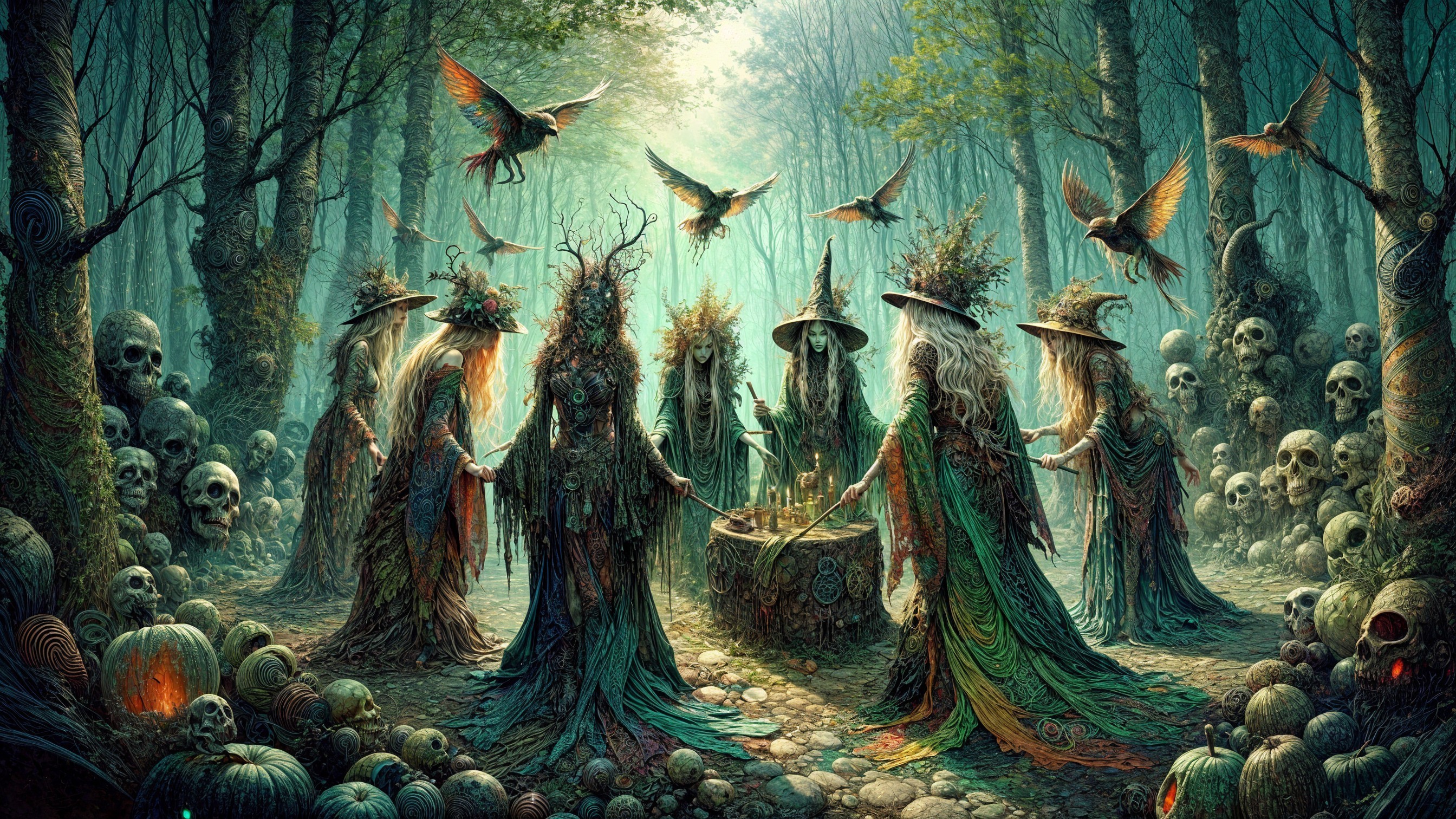 Witches Gather Around Cauldron in Mystical Forest