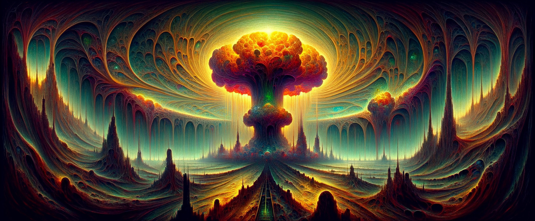 Surreal Vibrant Landscape with Cosmic Tree Elements