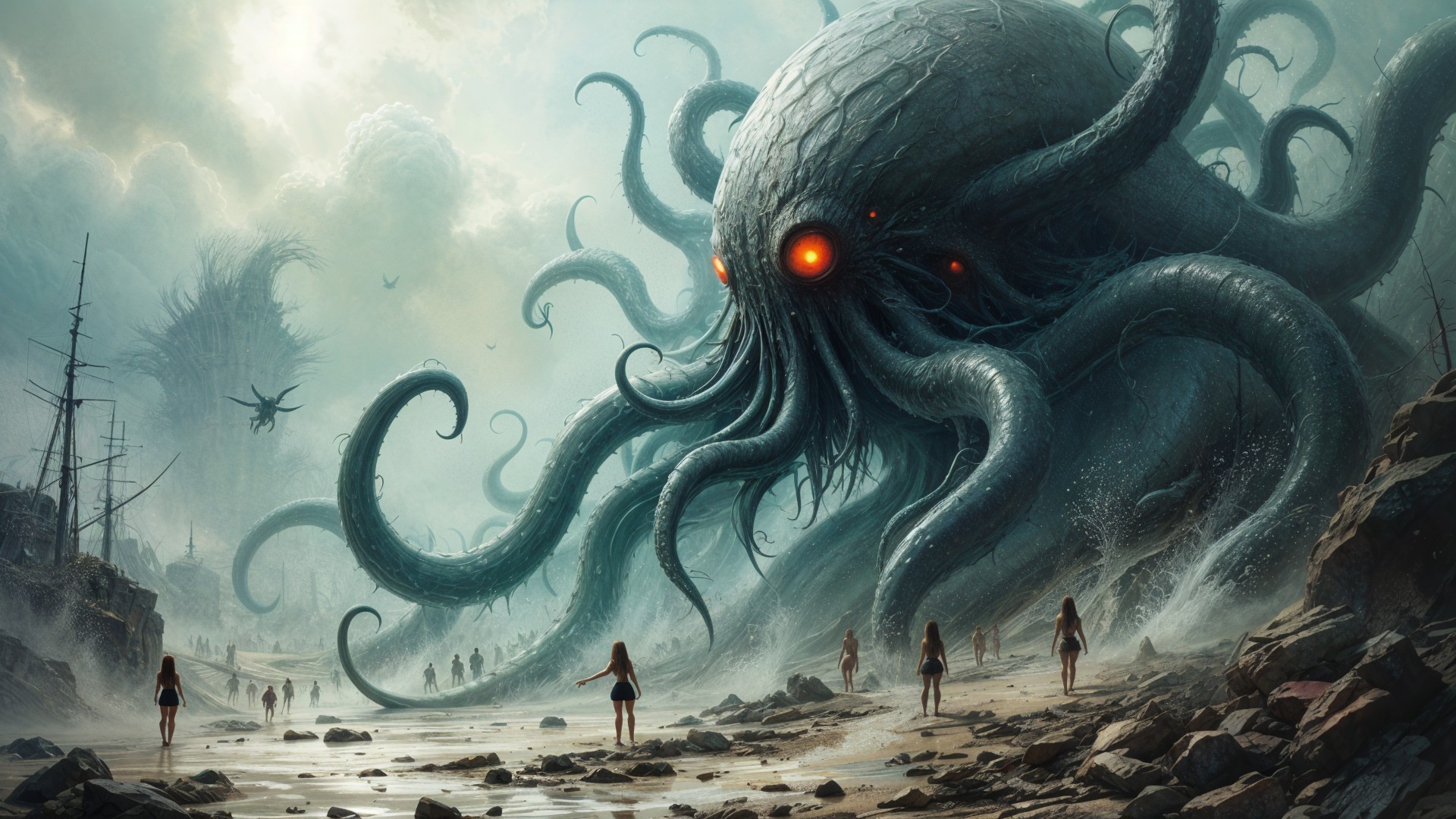 Colossal Tentacled Creature in Surreal Landscape
