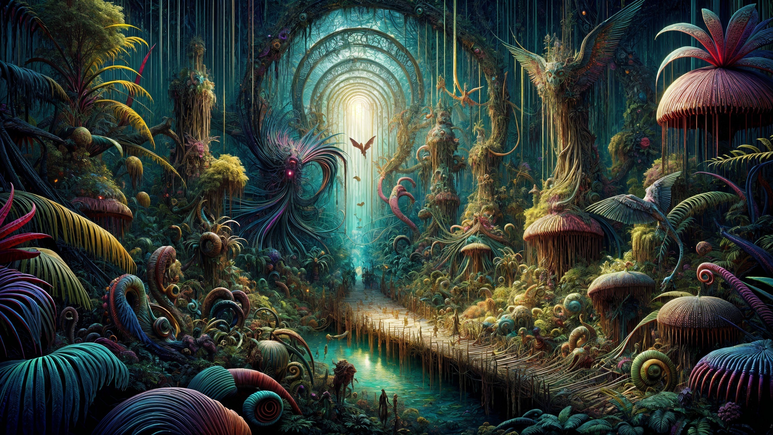 Surreal Landscape with Fantastical Plants and Creatures