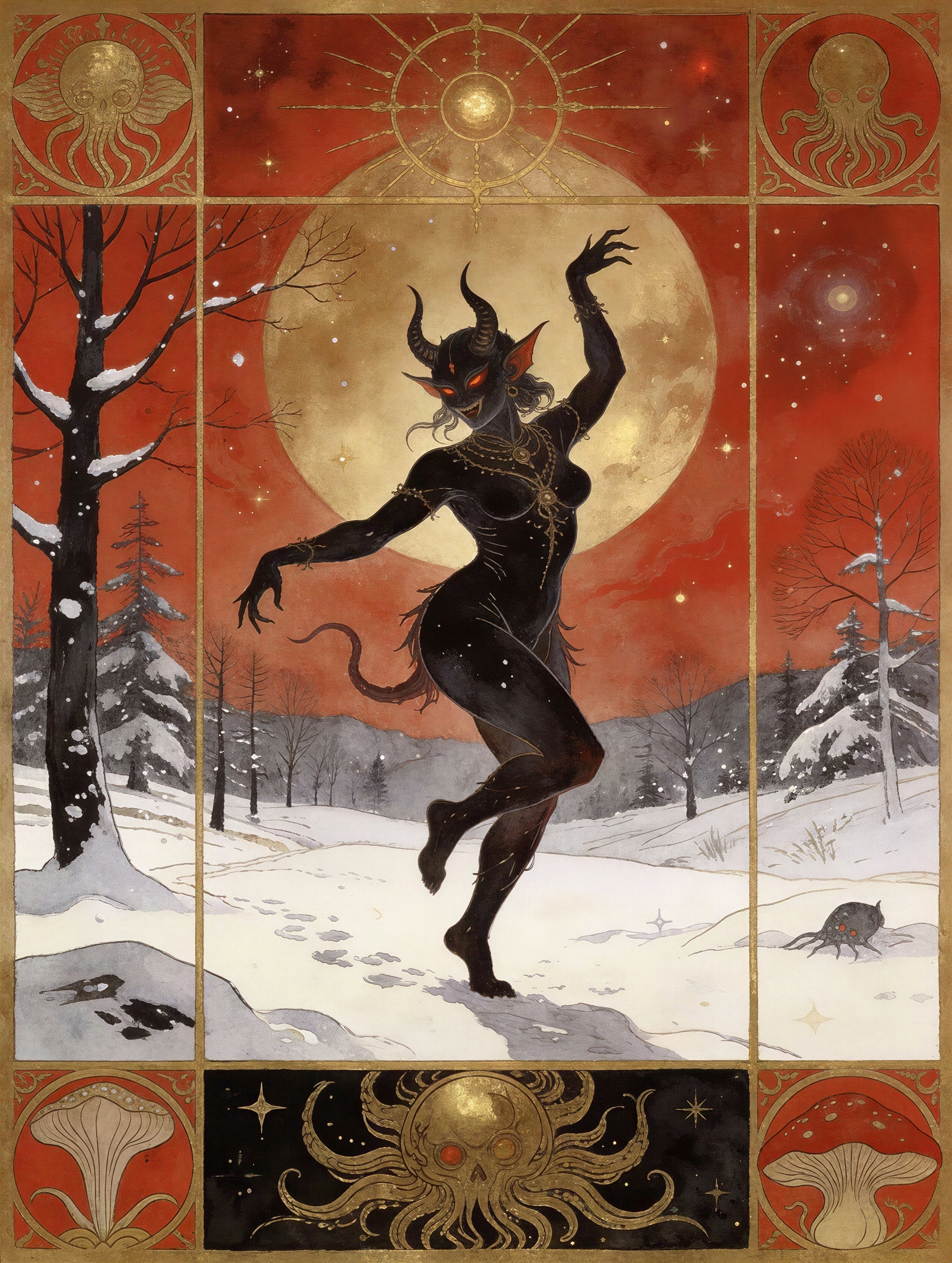 Demonic Female Figure in Winter Forest Artwork