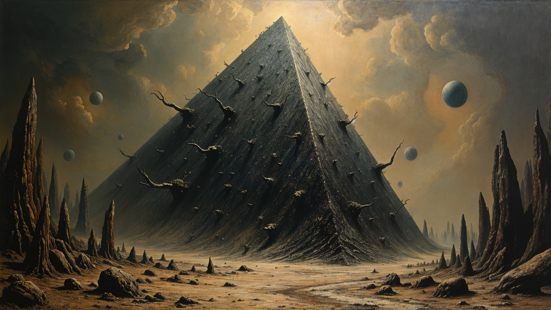 Massive Angular Pyramid in Desolate Landscape Scene