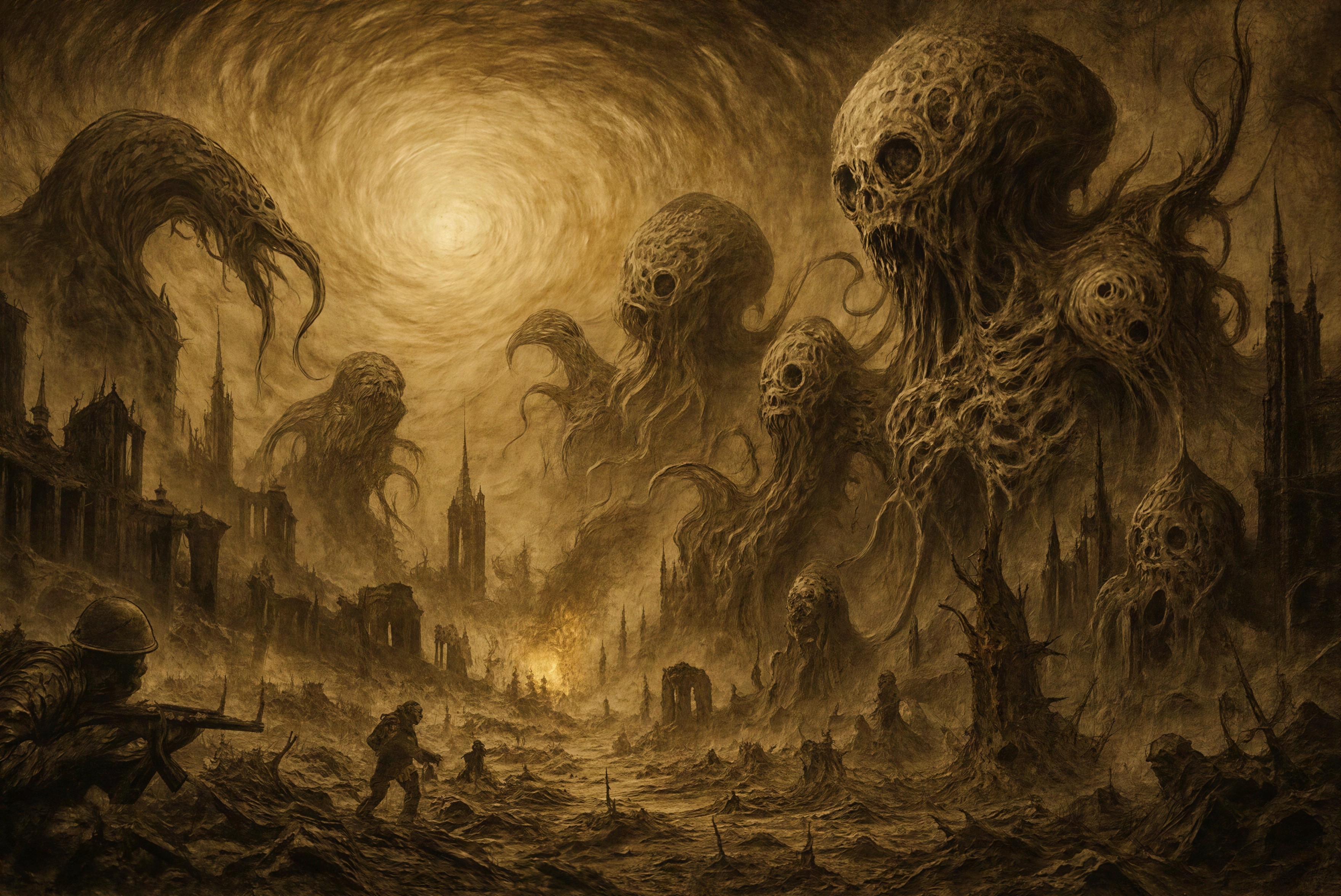 Horror Scene with Tentacled Creatures in Ruined City