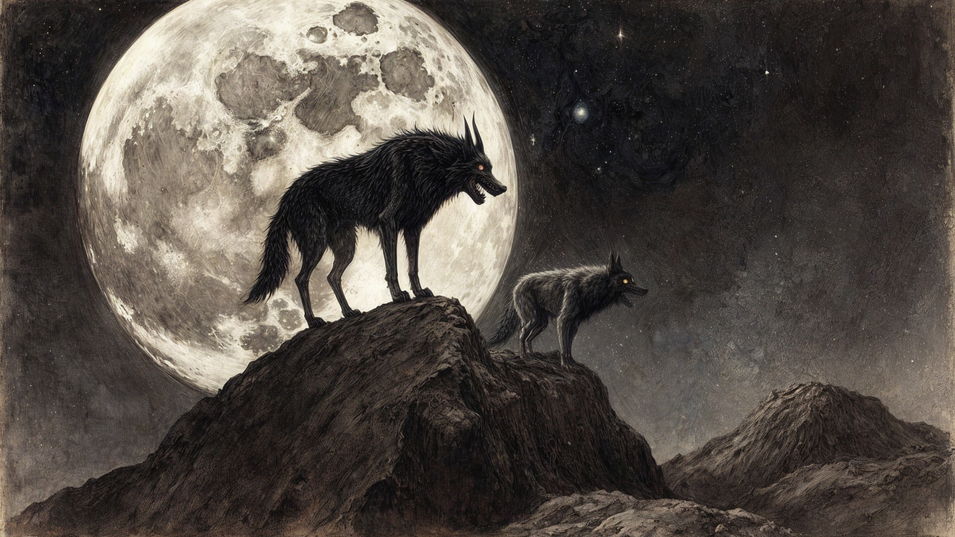 Wolves on Mountains Under Full Moon in Starry Sky