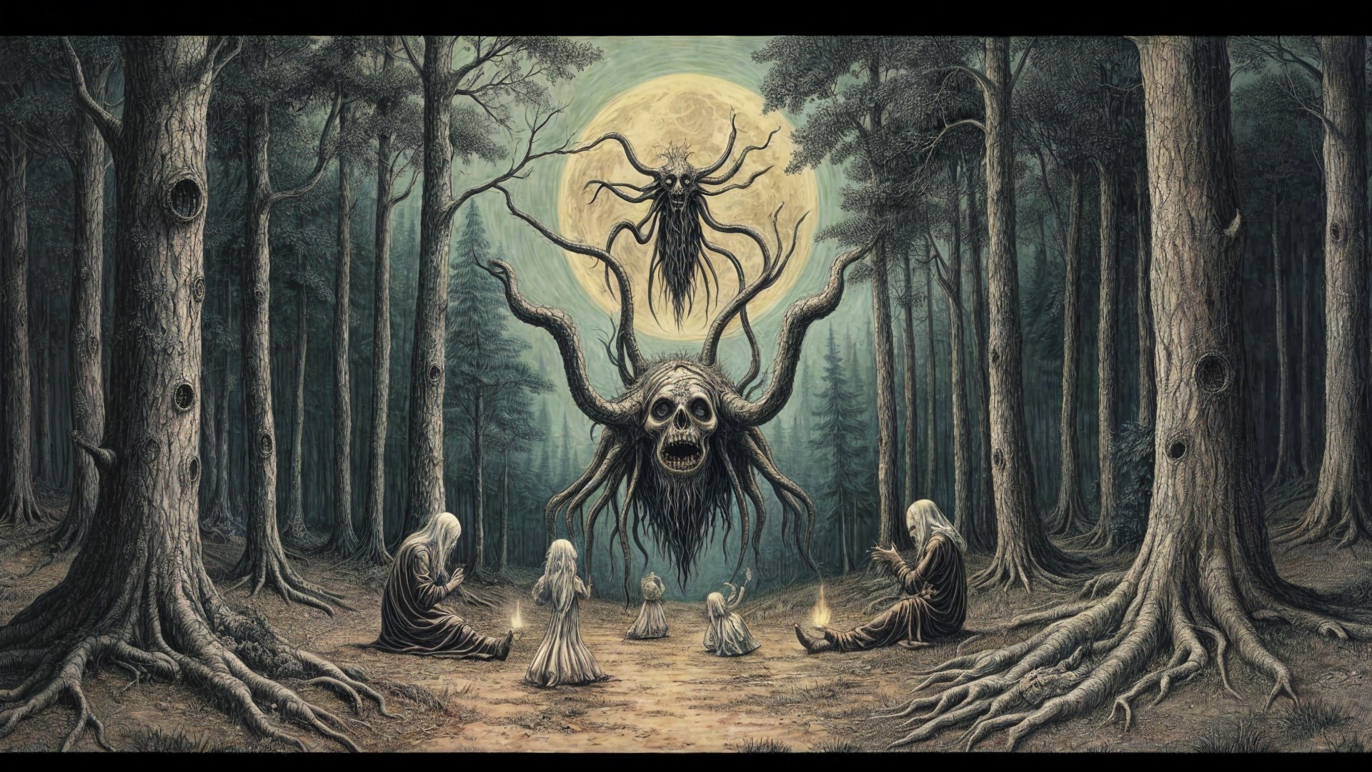 Eerie Forest Scene with Skull and Shadowy Figures