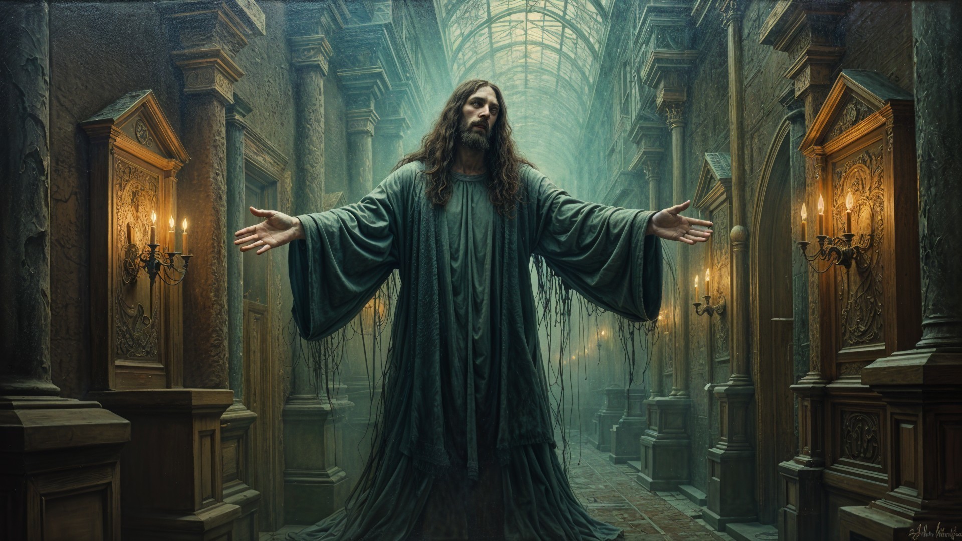 Tall figure in tattered robes in ornate corridor
