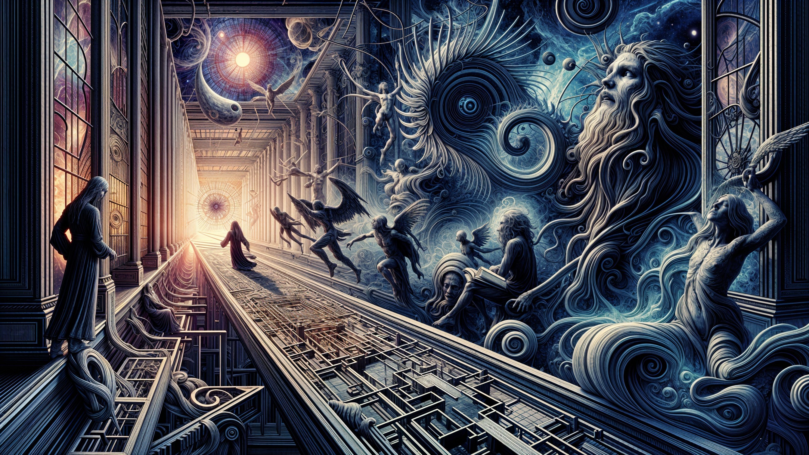 Surreal Cosmic Landscape with Ethereal Figures and Portal