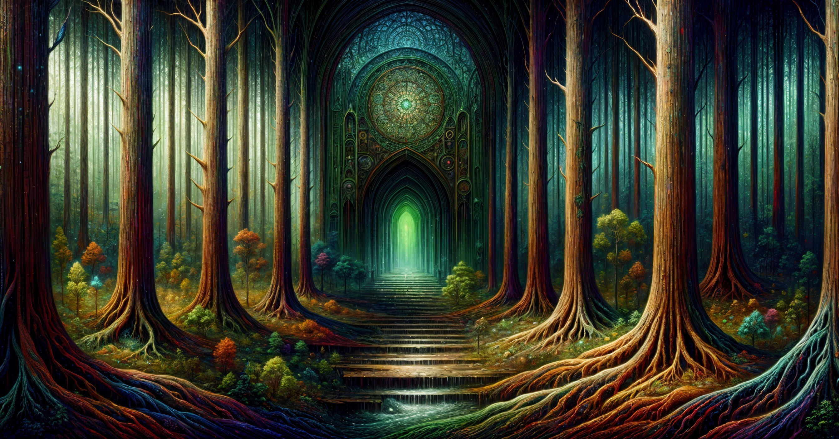 Mystical Forest Scene with Glowing Gateway and Sunlight